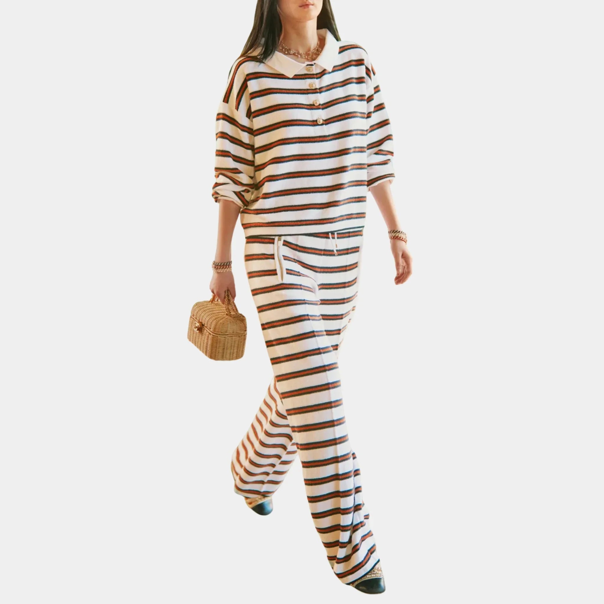 Chanel Striped Trousers in Cotton, White, Navy Blue, Brown, Front