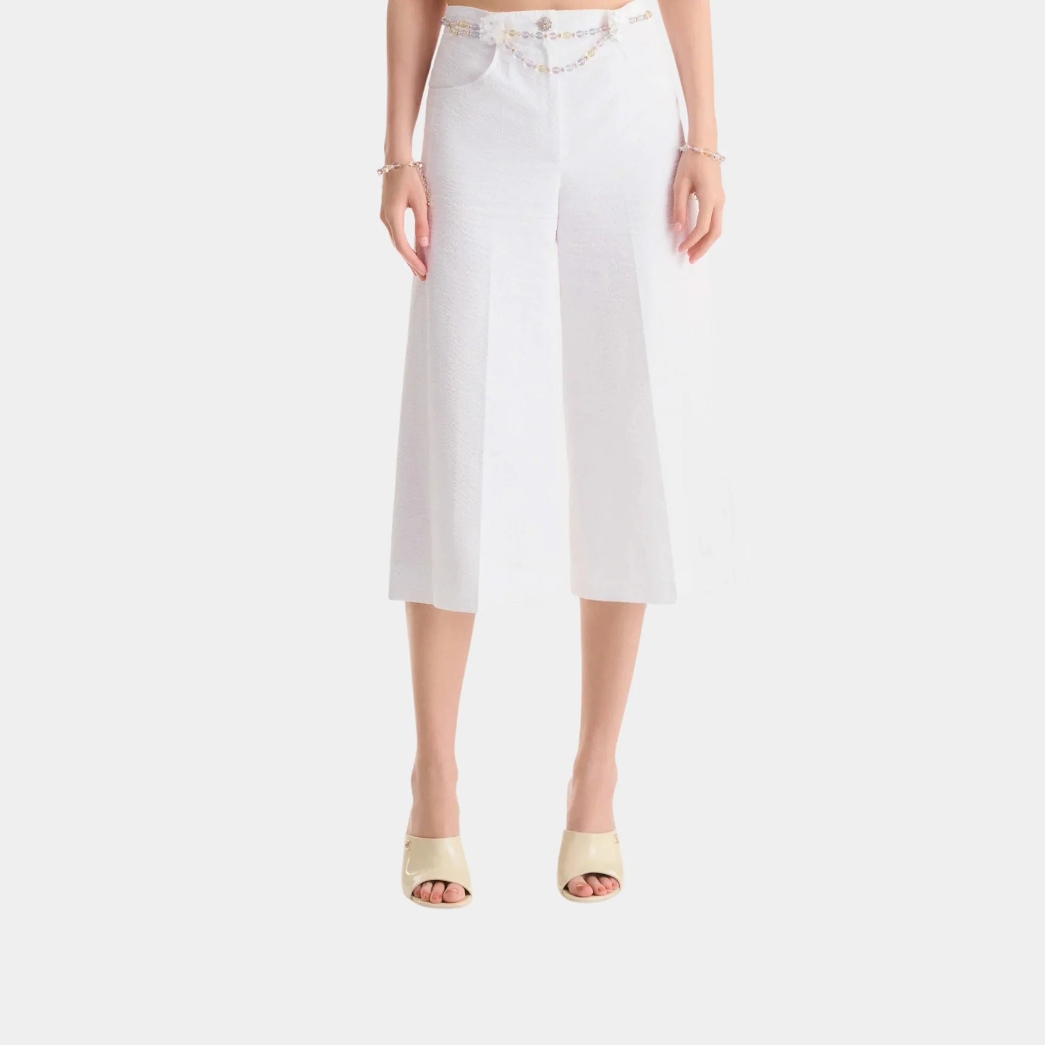 Chanel Trousers in White Embroidered Cotton, Front