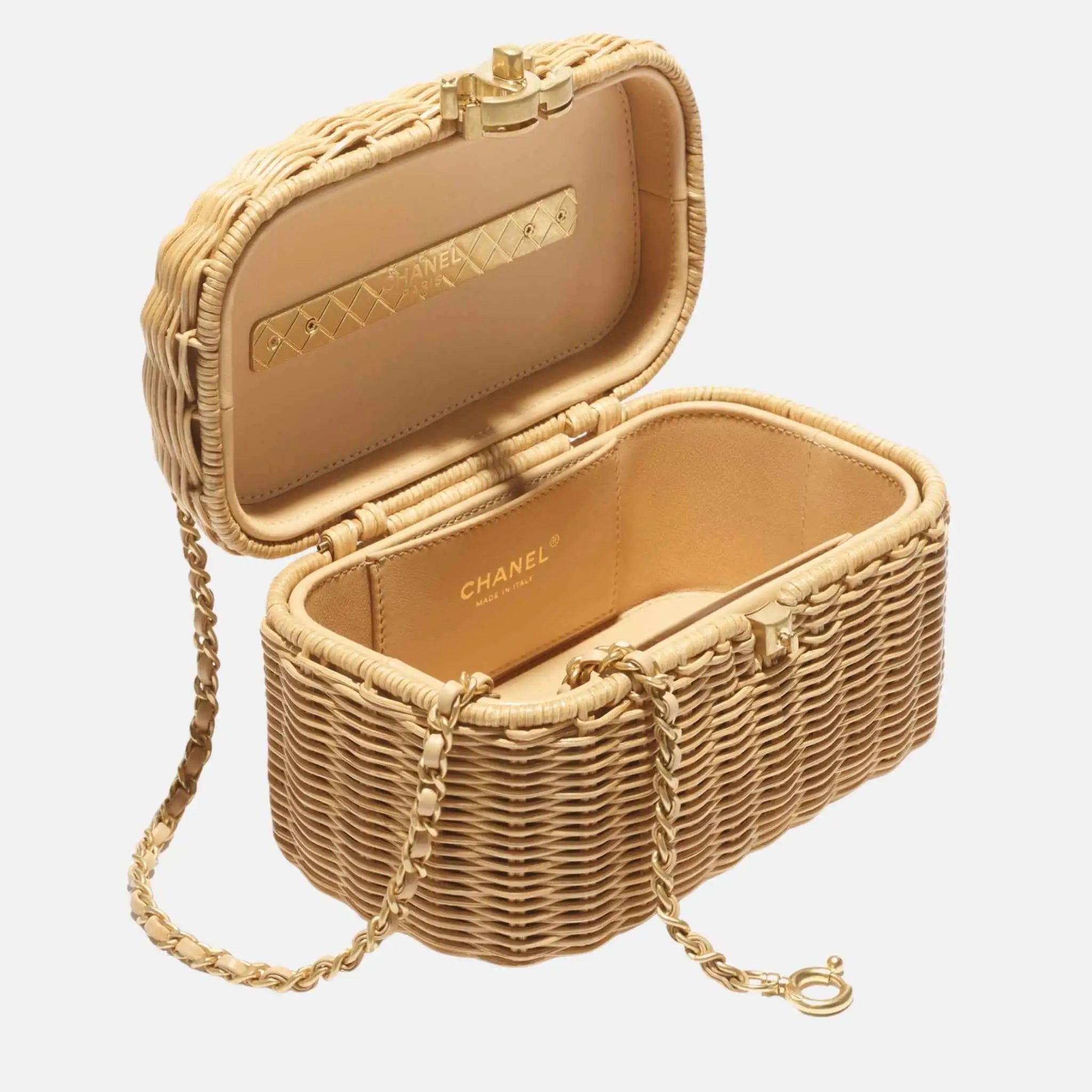 Vanity Case Braided Rattan Gold Tone Metal in Beige