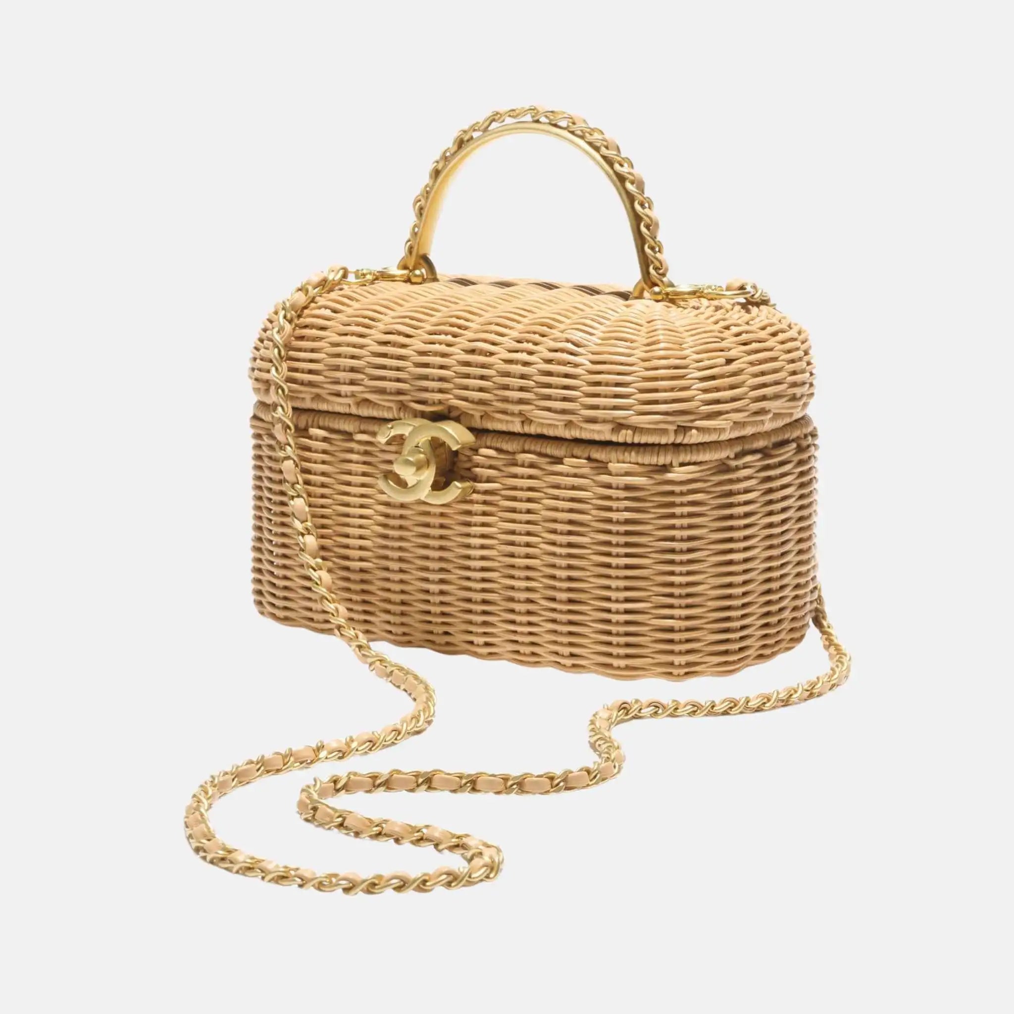 Vanity Case Braided Rattan Gold Tone Metal in Beige