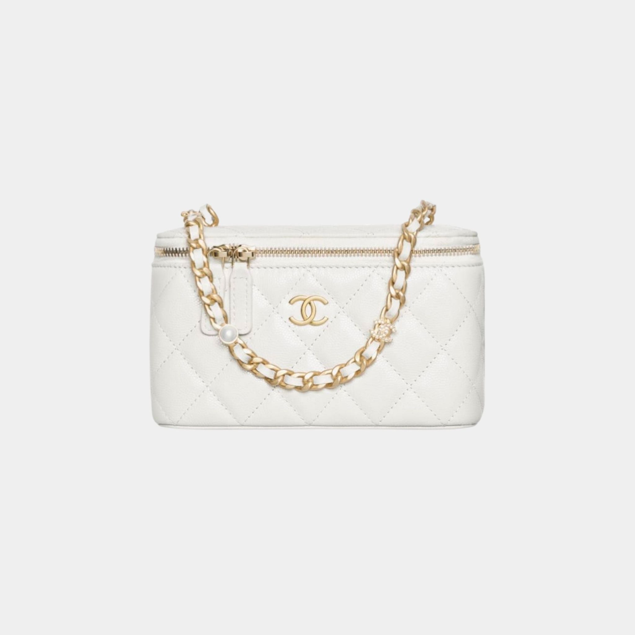Chanel Vanity with Gold Tone Metal Chain in Grained Shiny Calfskin, White