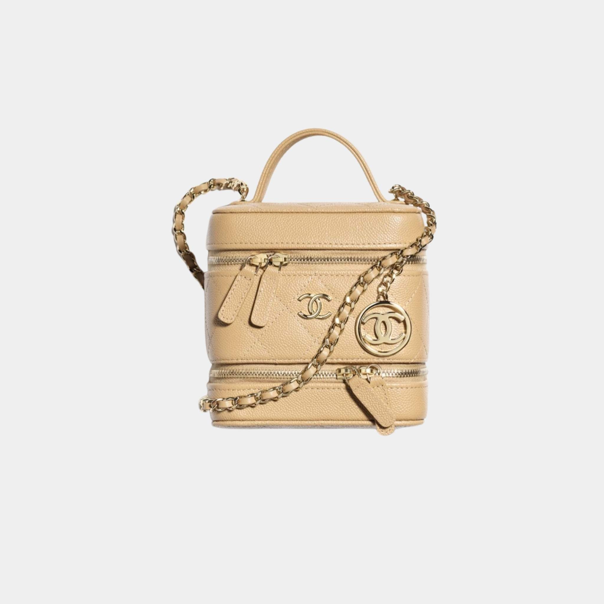 Chanel Vanity with Chain in Grained Calfskin, Dark Beige