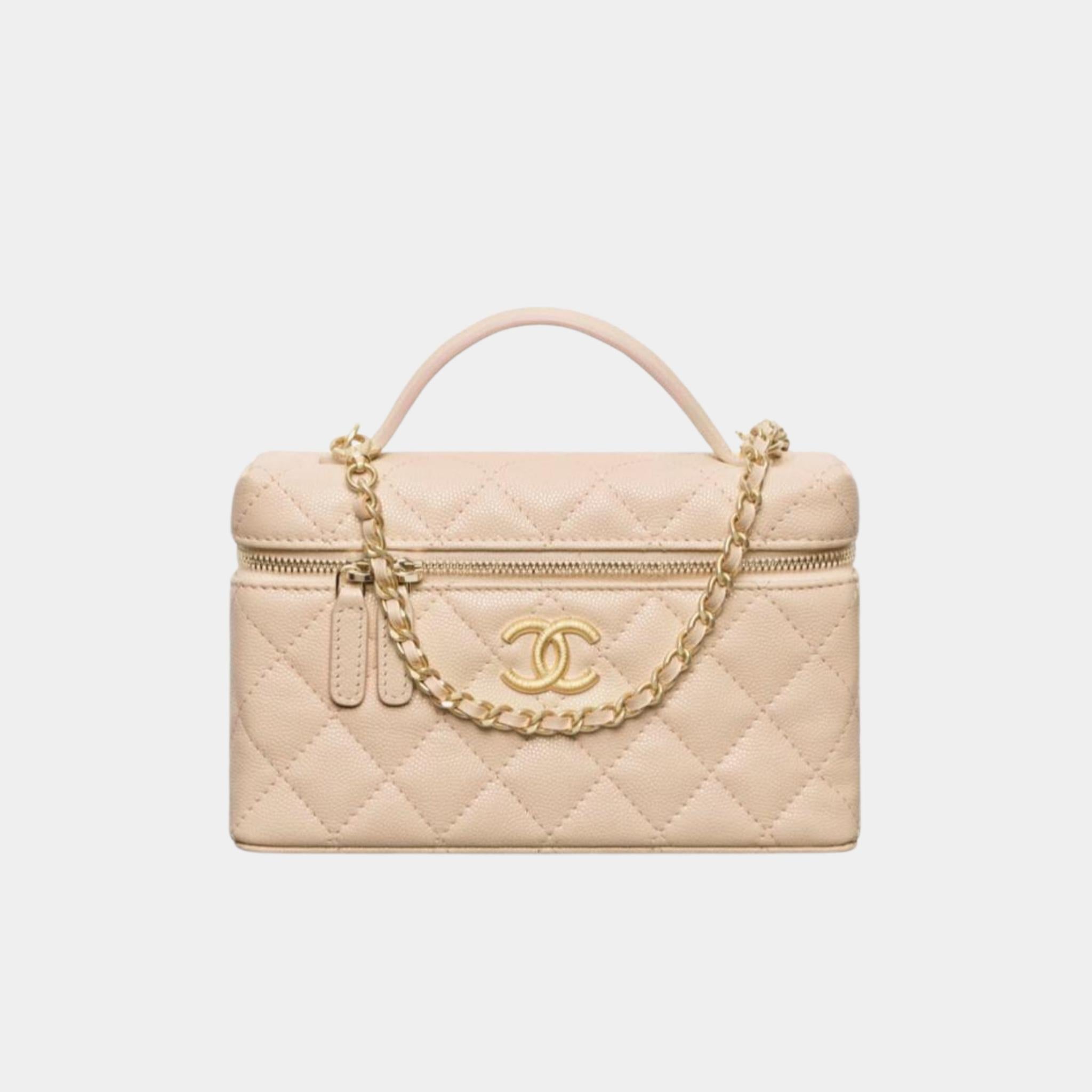 Chanel Vanity with Chain in Grained Shiny Calfskin, Beige