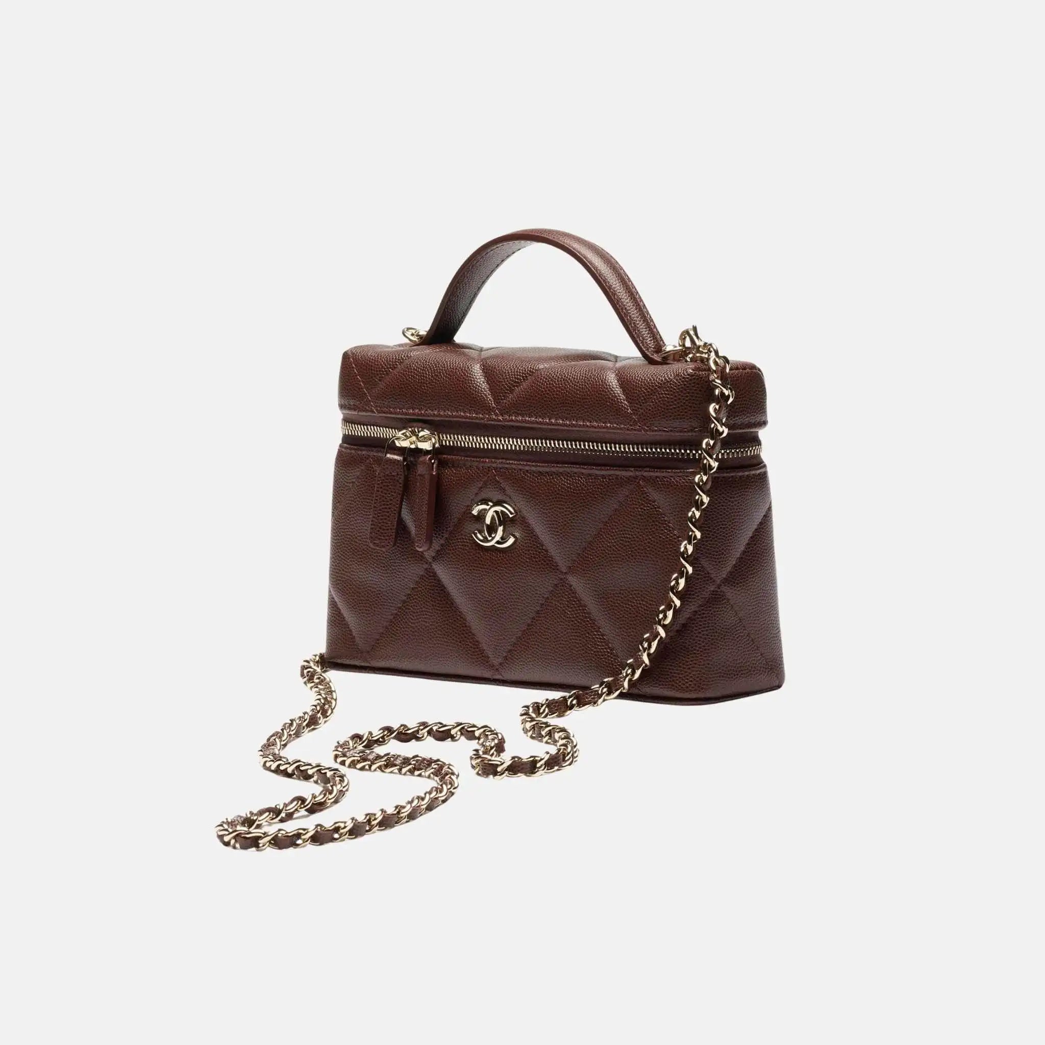 Chanel Vanity With Chain Grained Shiny Calfskin Dark Brown Gold Tone , Front