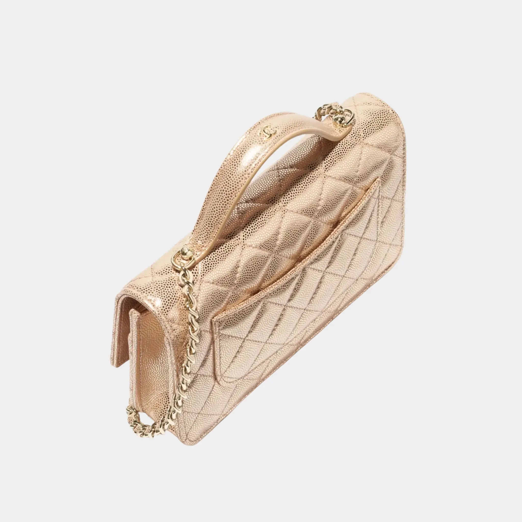 Wallet On Chain Metallic Grained Calfskin & Gold Metal