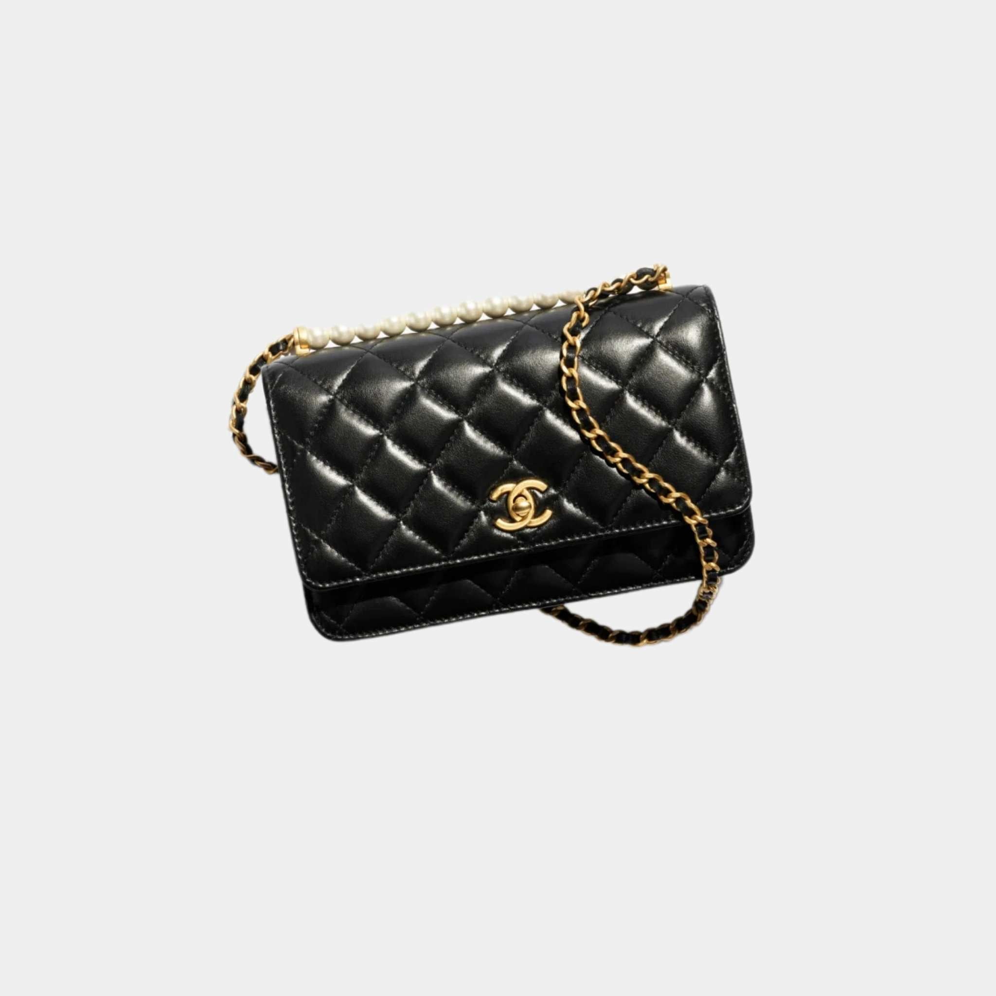 Wallet On Chain Shiny Lambskin Pearls Gold Tone Metal Black