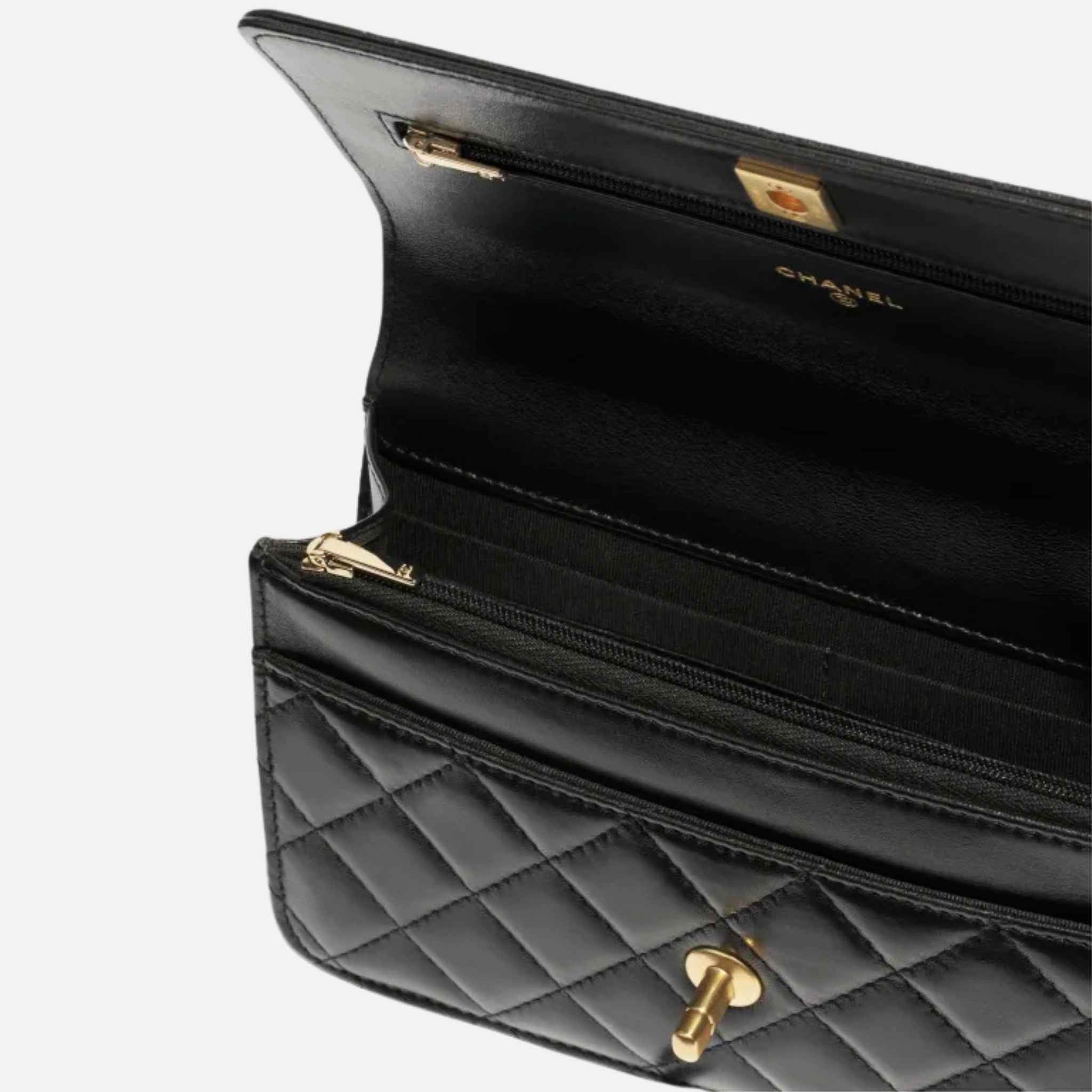 Wallet On Chain Shiny Lambskin Pearls Gold Tone Metal Black