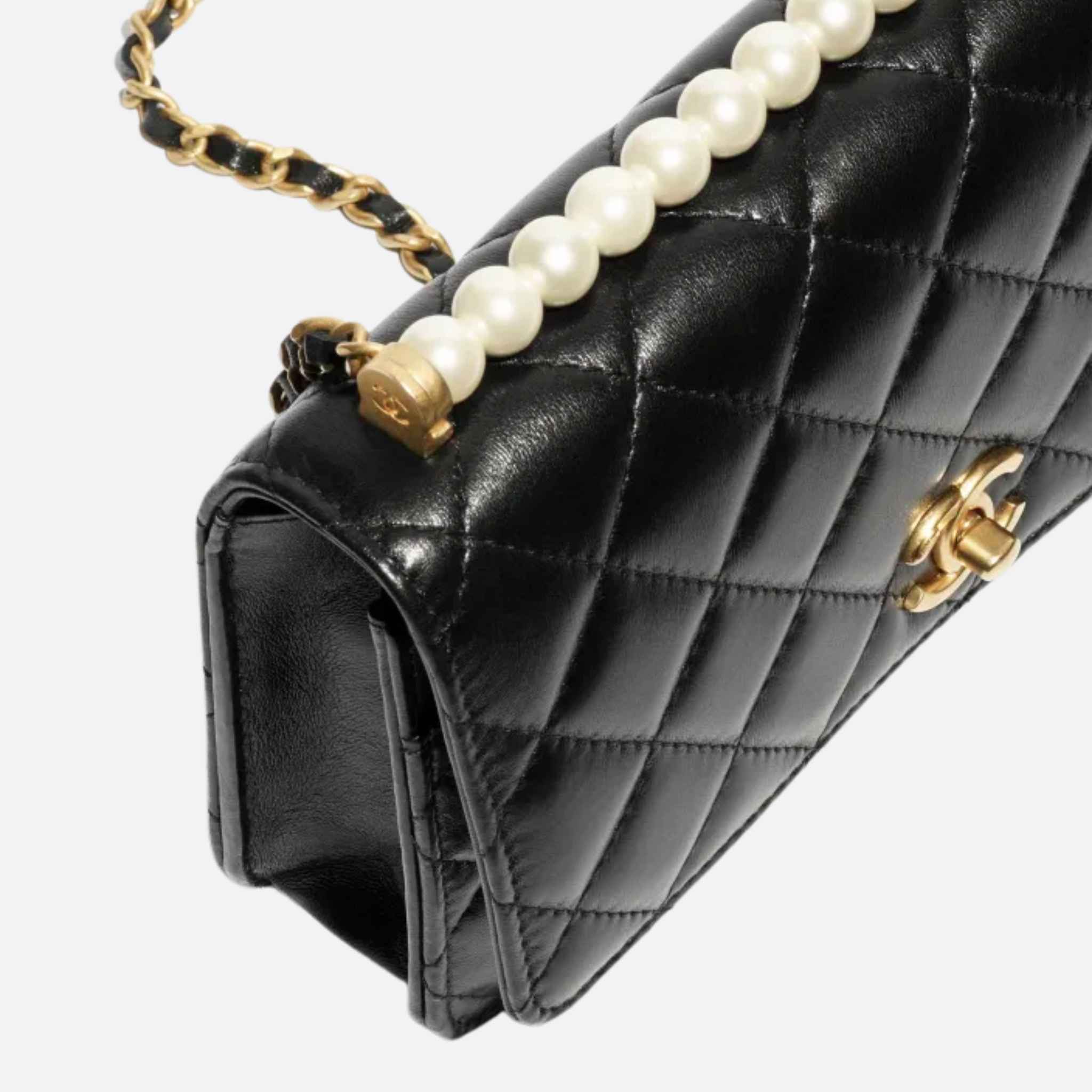 Wallet On Chain Shiny Lambskin Pearls Gold Tone Metal Black