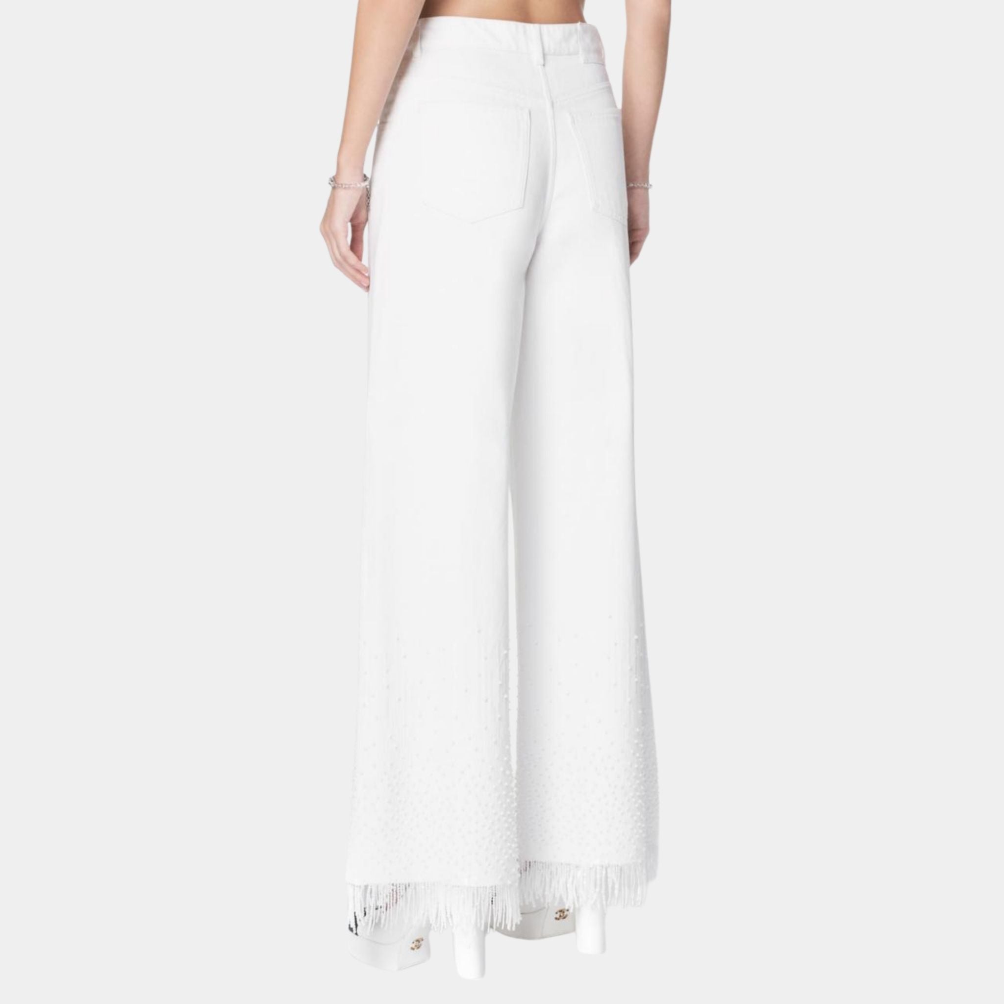 White Denim Jeans Embroidered with Beads