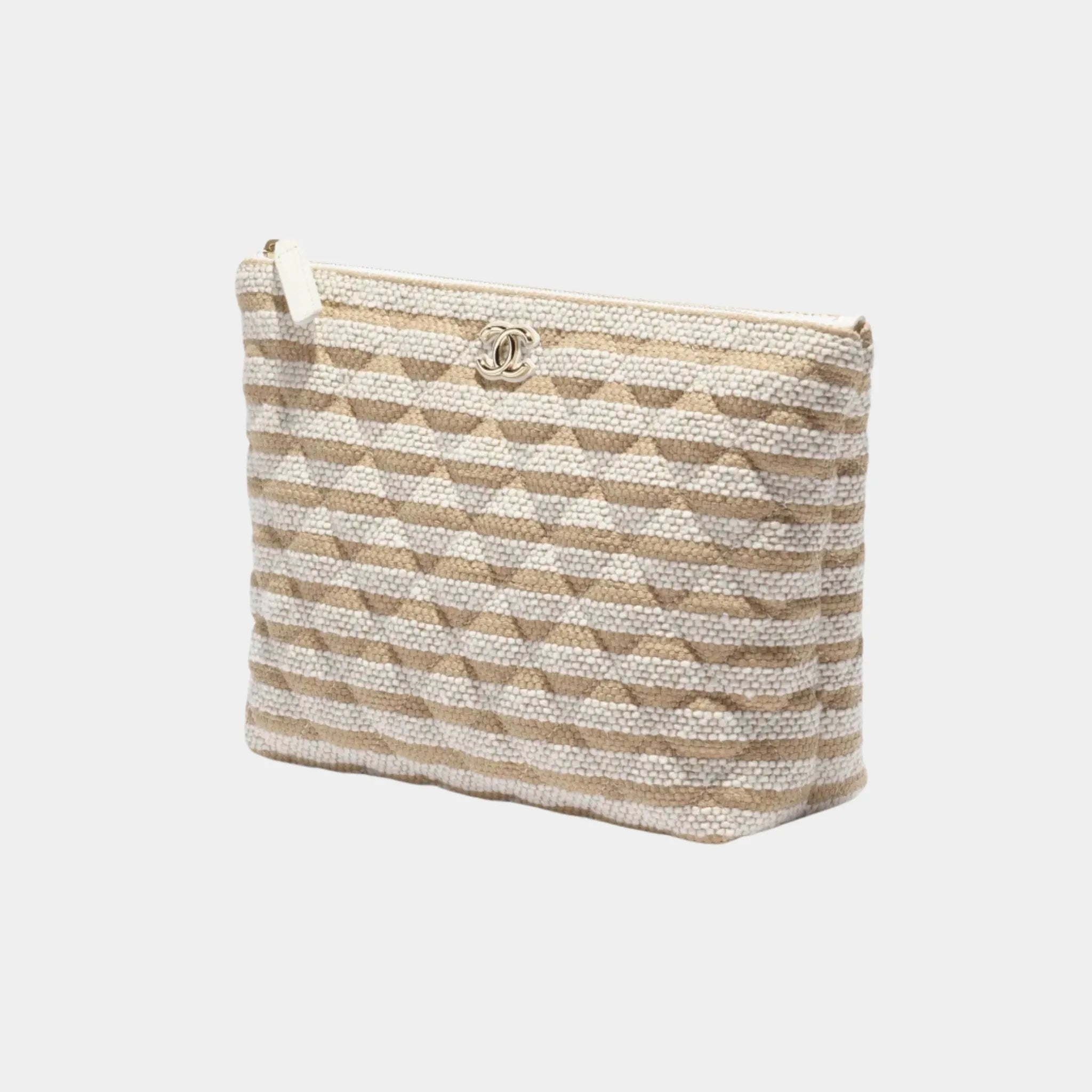 Chanel Zipped Case in Printed Fabric & Gold Metal, Light Beige, Front