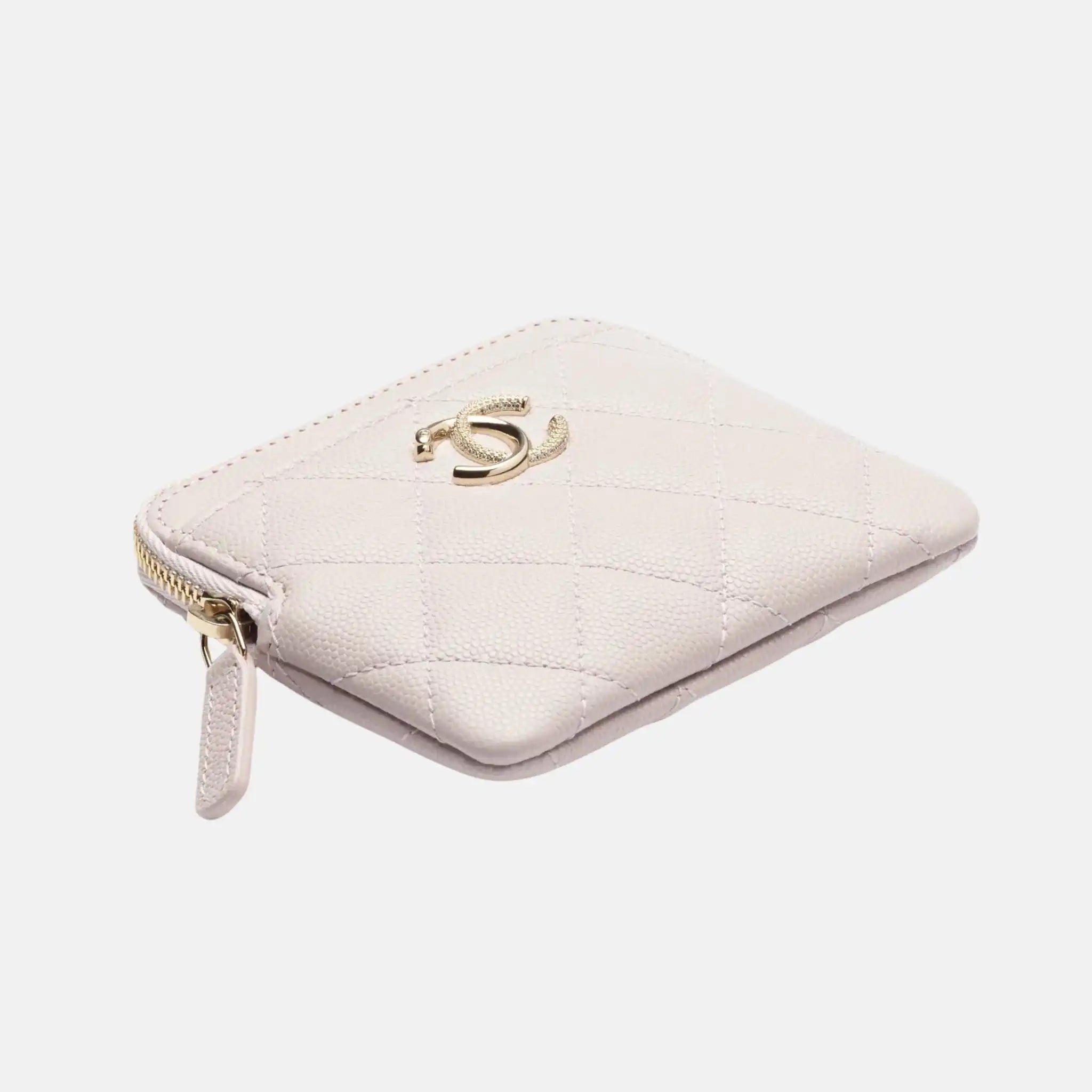 Chanel Zipped Coin Purse Shiny Grained Calfskin Strass Gold Tone Metal, Front