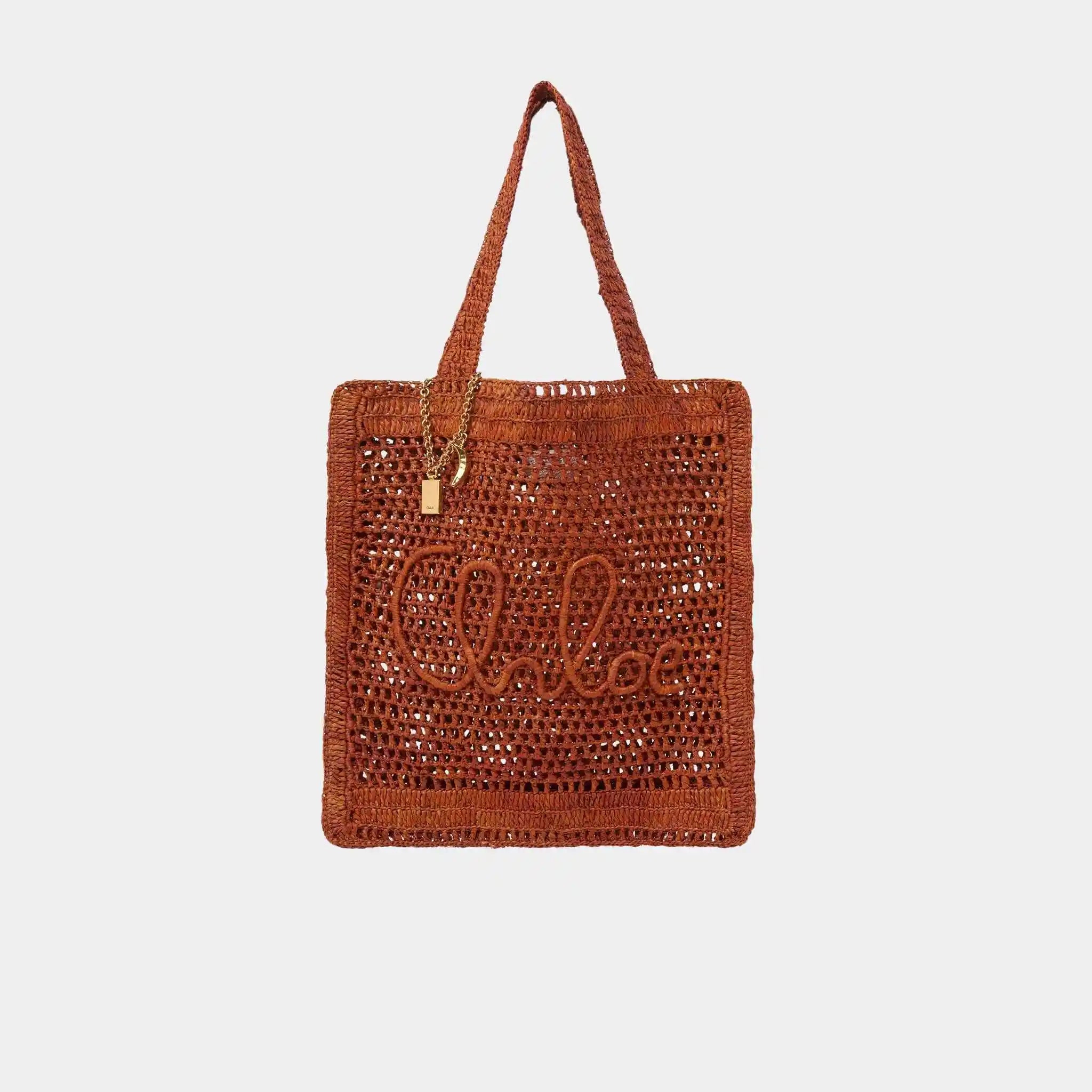 Chloe Summer Banana Tote Bag in Raffia, Clay Brown, Front