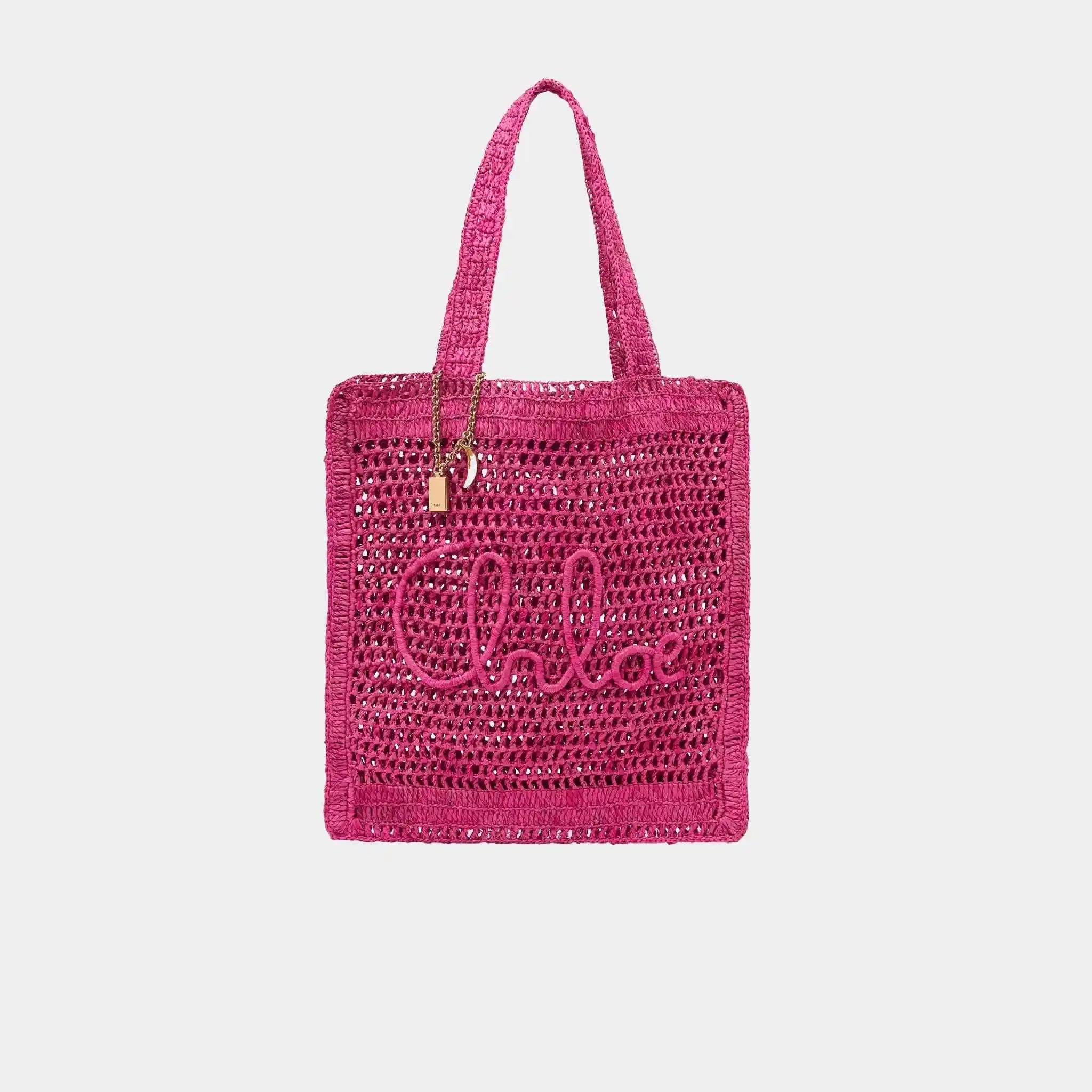 Chloe Summer Banana Tote Bag in Raffia, Rose, Front