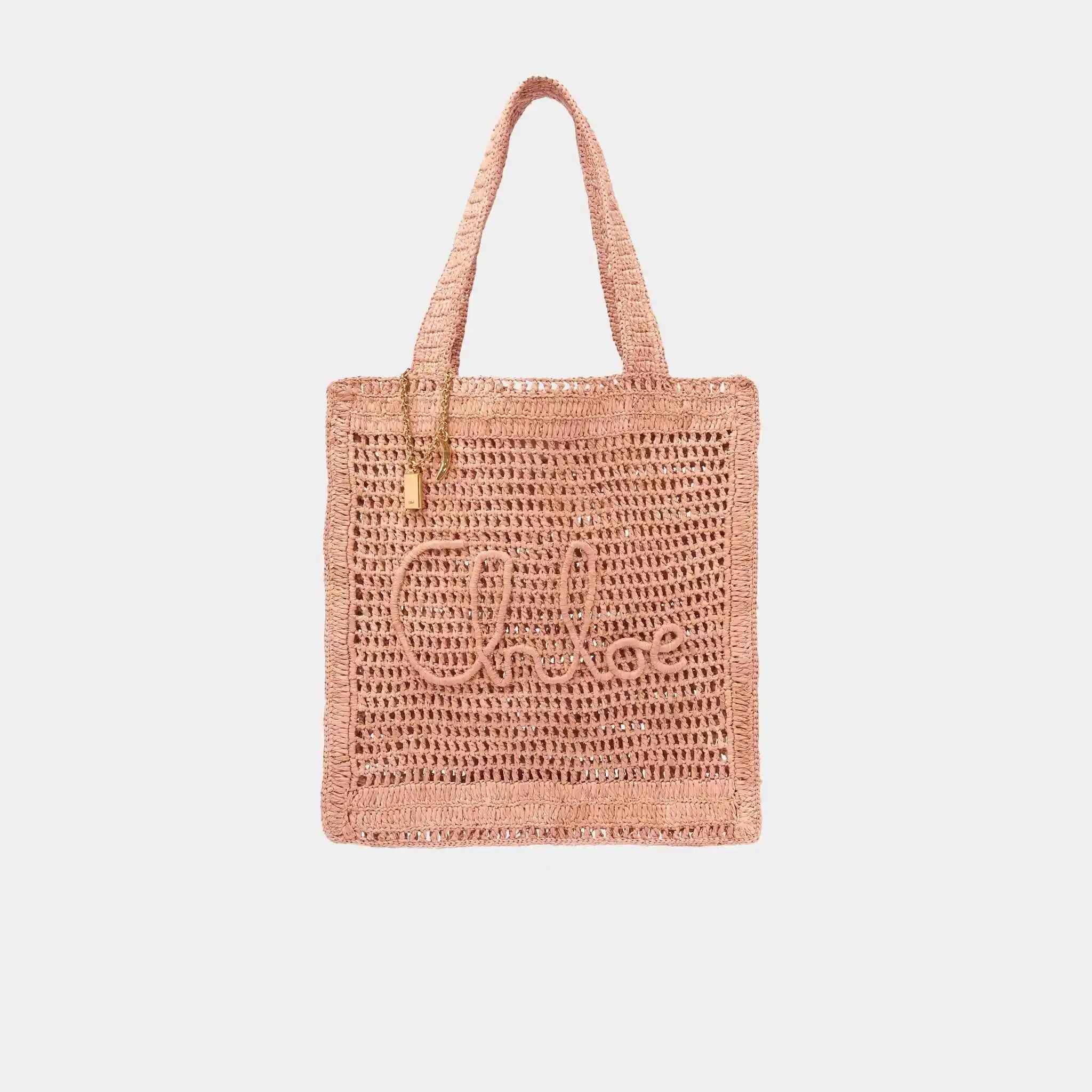 Chloe Summer Banana Tote Bag in Raffia, Beige, Front