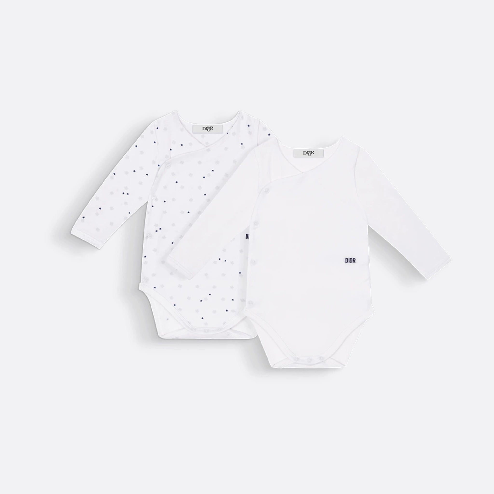 Gift Set with Two Long-Sleeved Bodysuits Ivory Cotton Jersey with Pale Green and Blue Clover and Star Motif