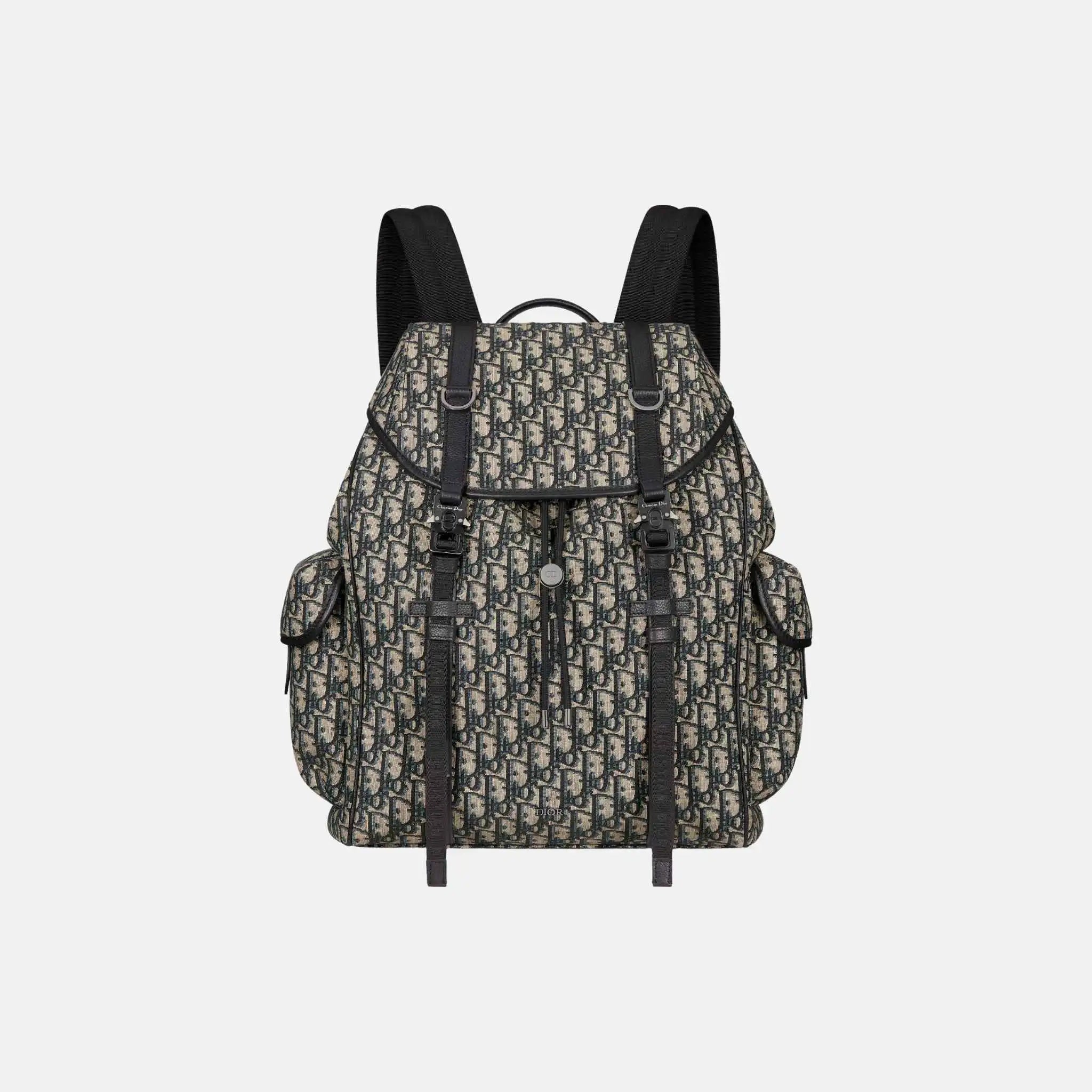 Dior Hit The Road Flap Backpack in Calfskin and Jacquard,  Beige, Black, Front
