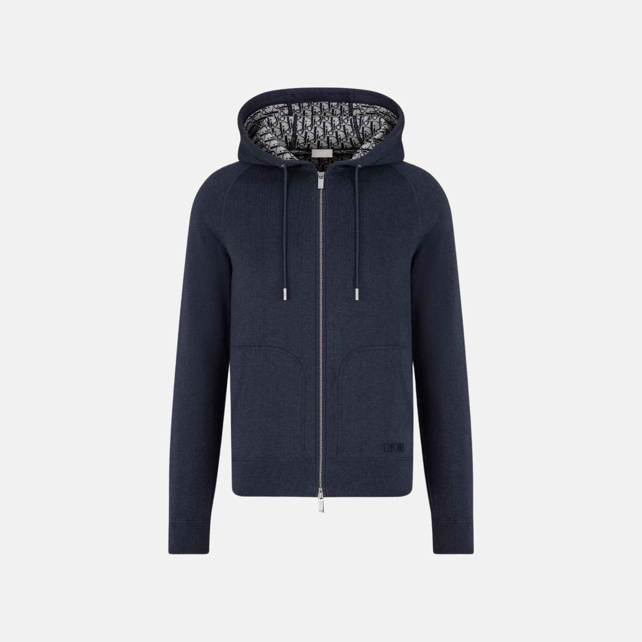 Dior Hooded Track Jacket In Cotton And Cashmere Knit, Navy Blue, Front