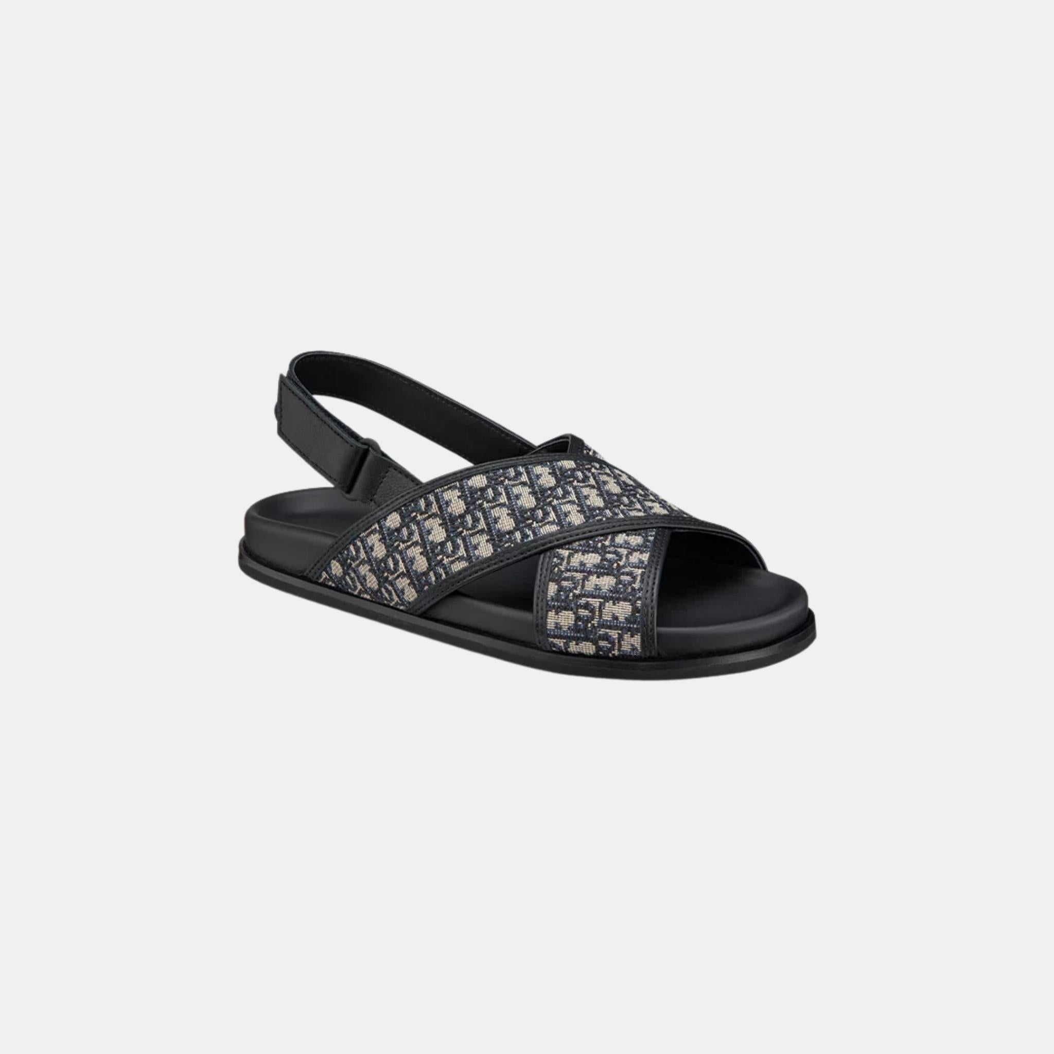 Kids Black Calfskin and Oblique Fabric Sandals