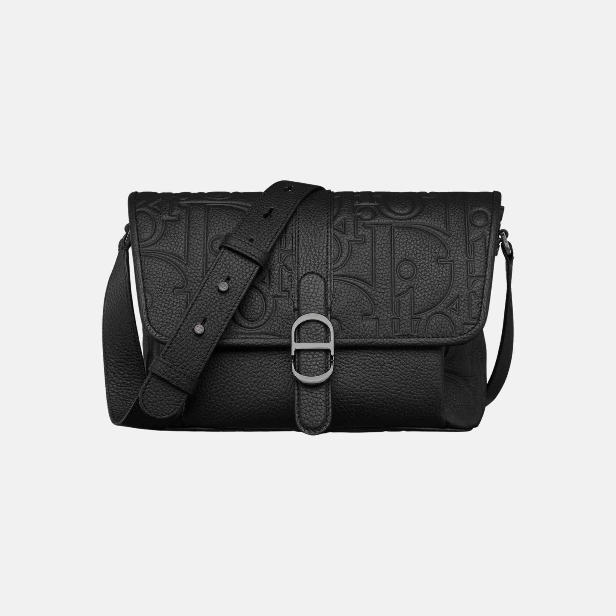 Dior Medium Daily Messenger Bag With Flap In Leather And Grained Calfskin, Black, Front