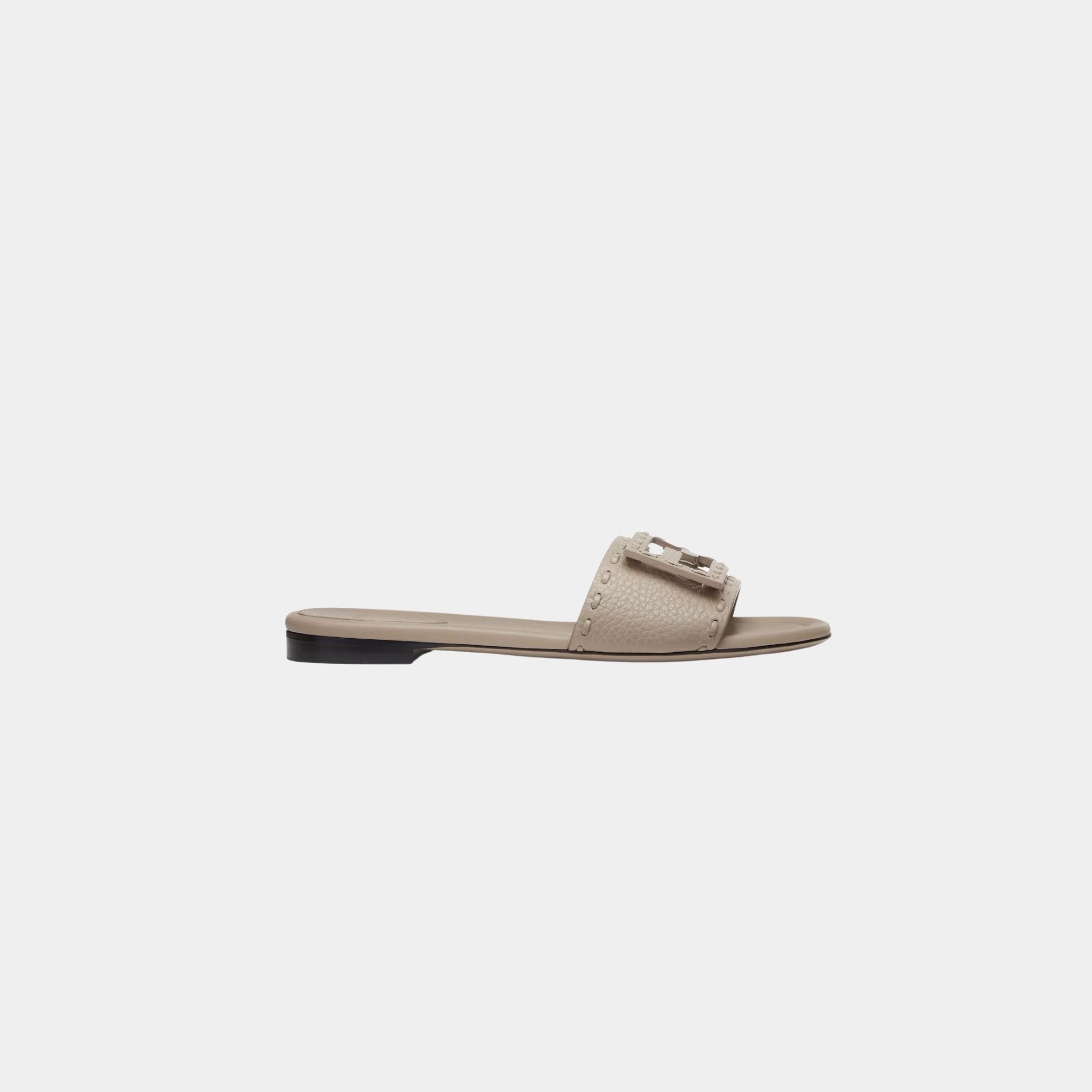 Fendi Baguette Leather Slides With Macro Selleria Topstitches, Dove Grey, Side