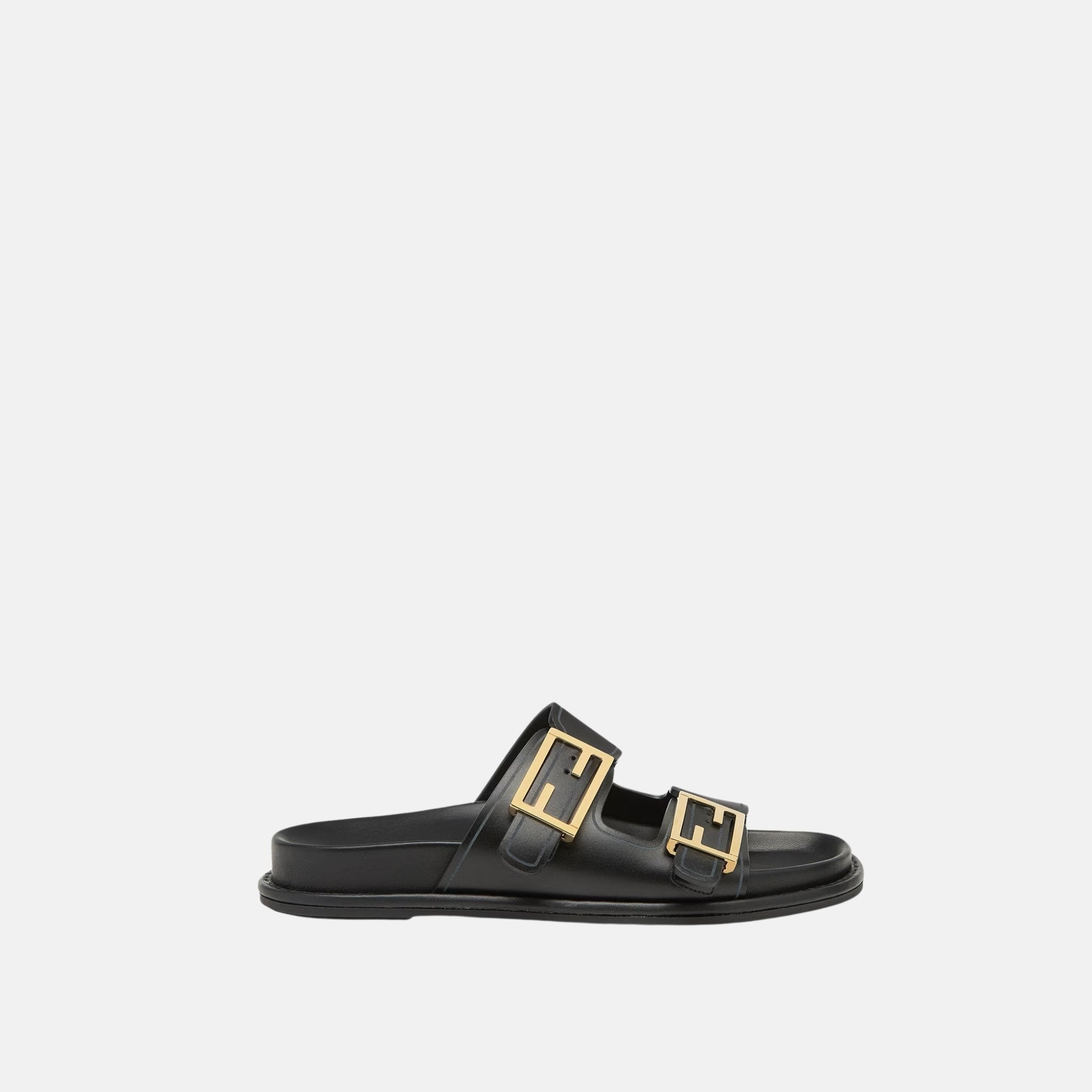 Fendi Feel Slides In Leather, Black, Front
