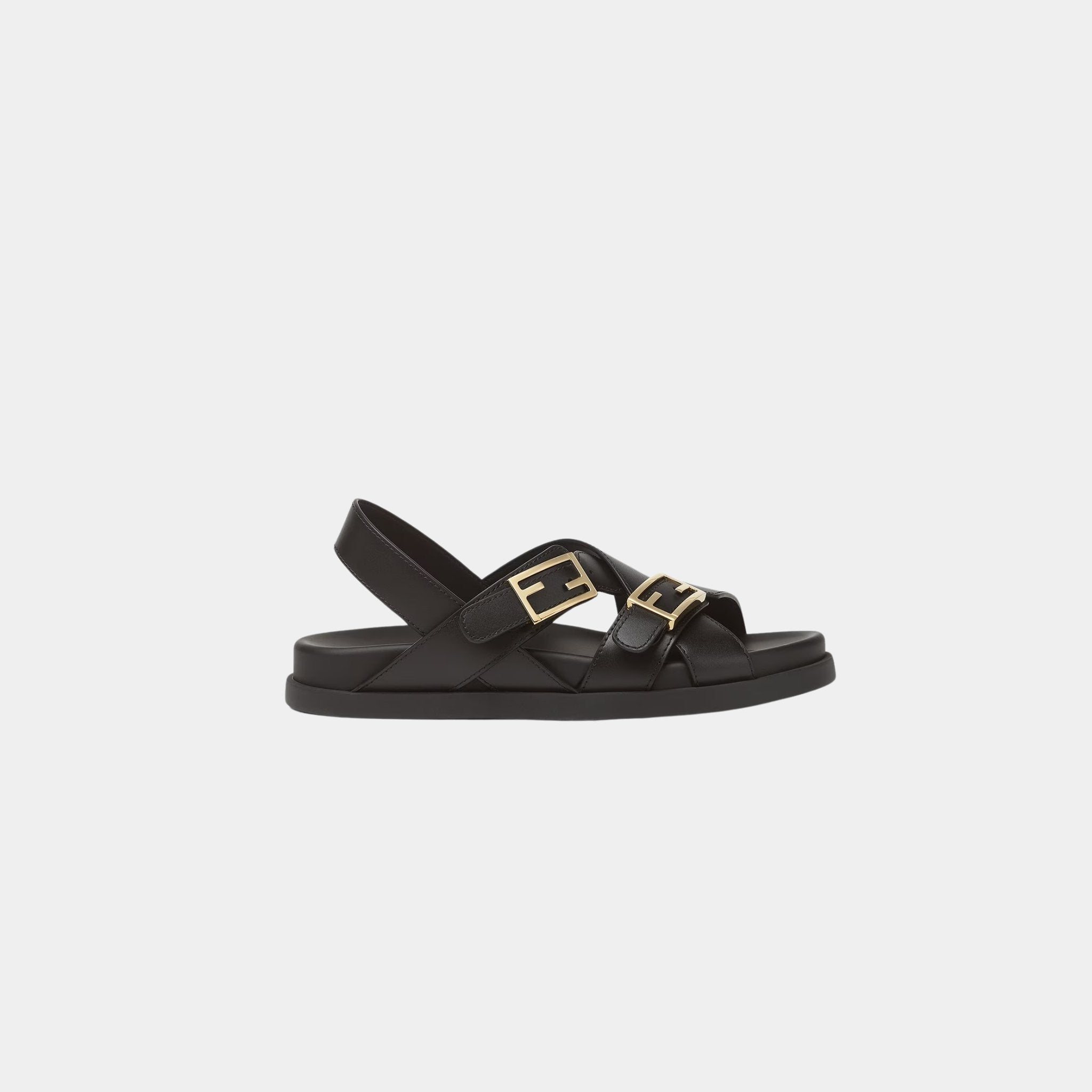Fendi Feel Triple-Band Flat Cross-Over Leather Slides, Black, Side