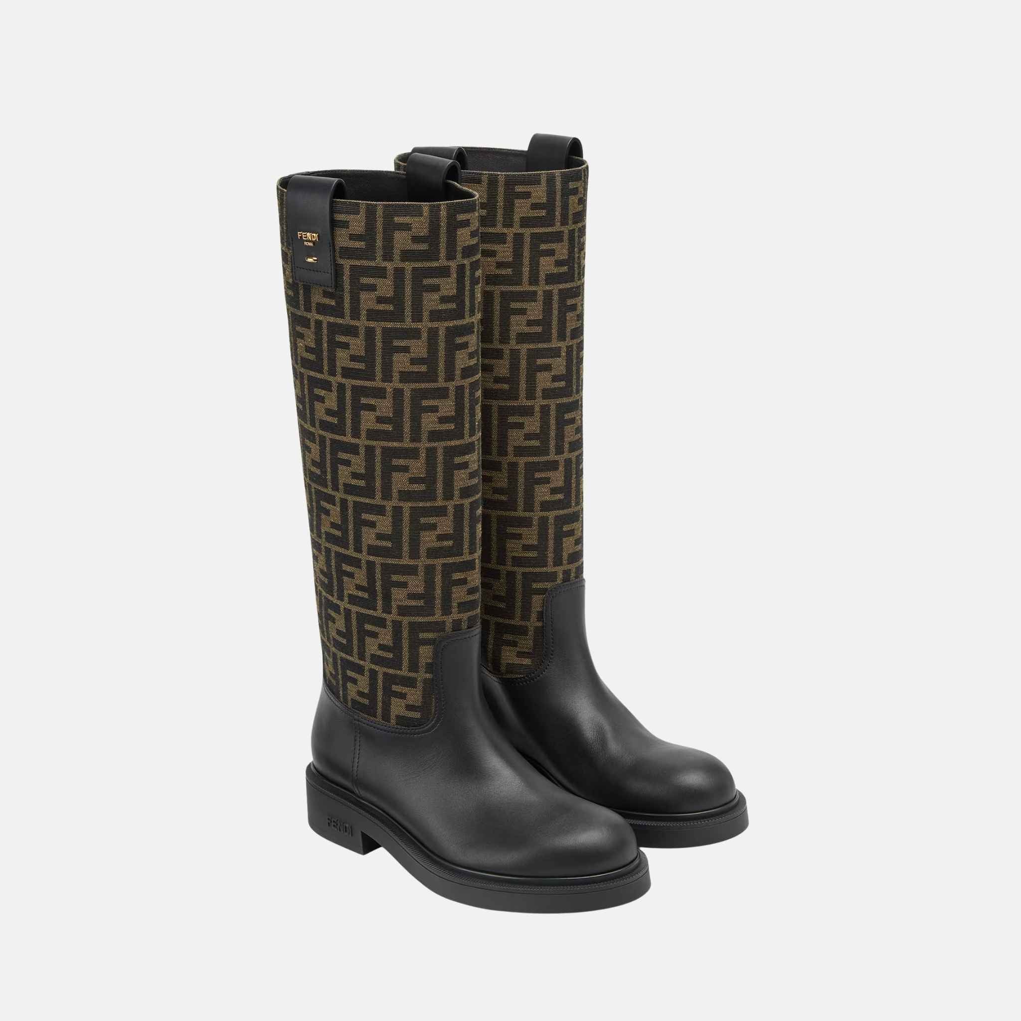 Fendi Filo Boots In Black Leather And Brown FF Fabric