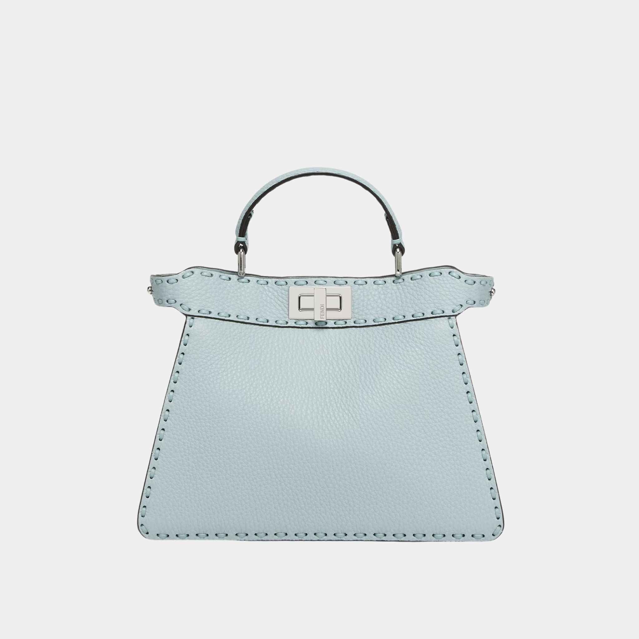 Fendi Peekaboo ISeeU Small Selleria Bag With 556 Hand-Sewn Stitches, Light Blue, Front