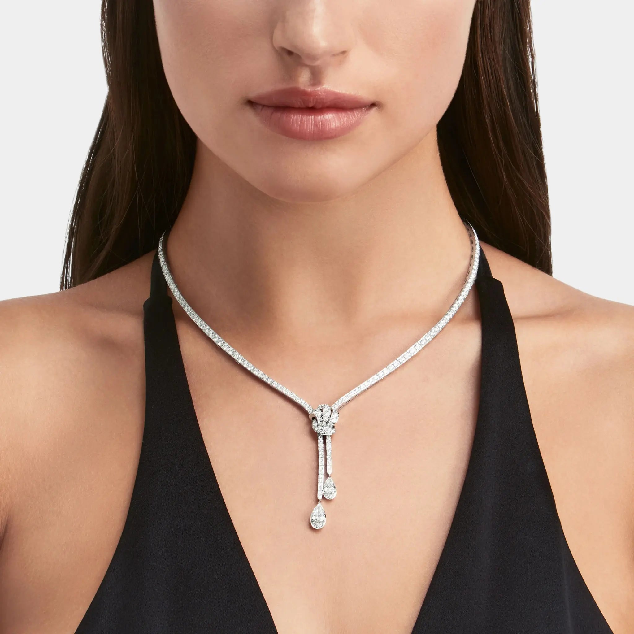 Tildas Bow Double Pavé Diamond Drop Necklace