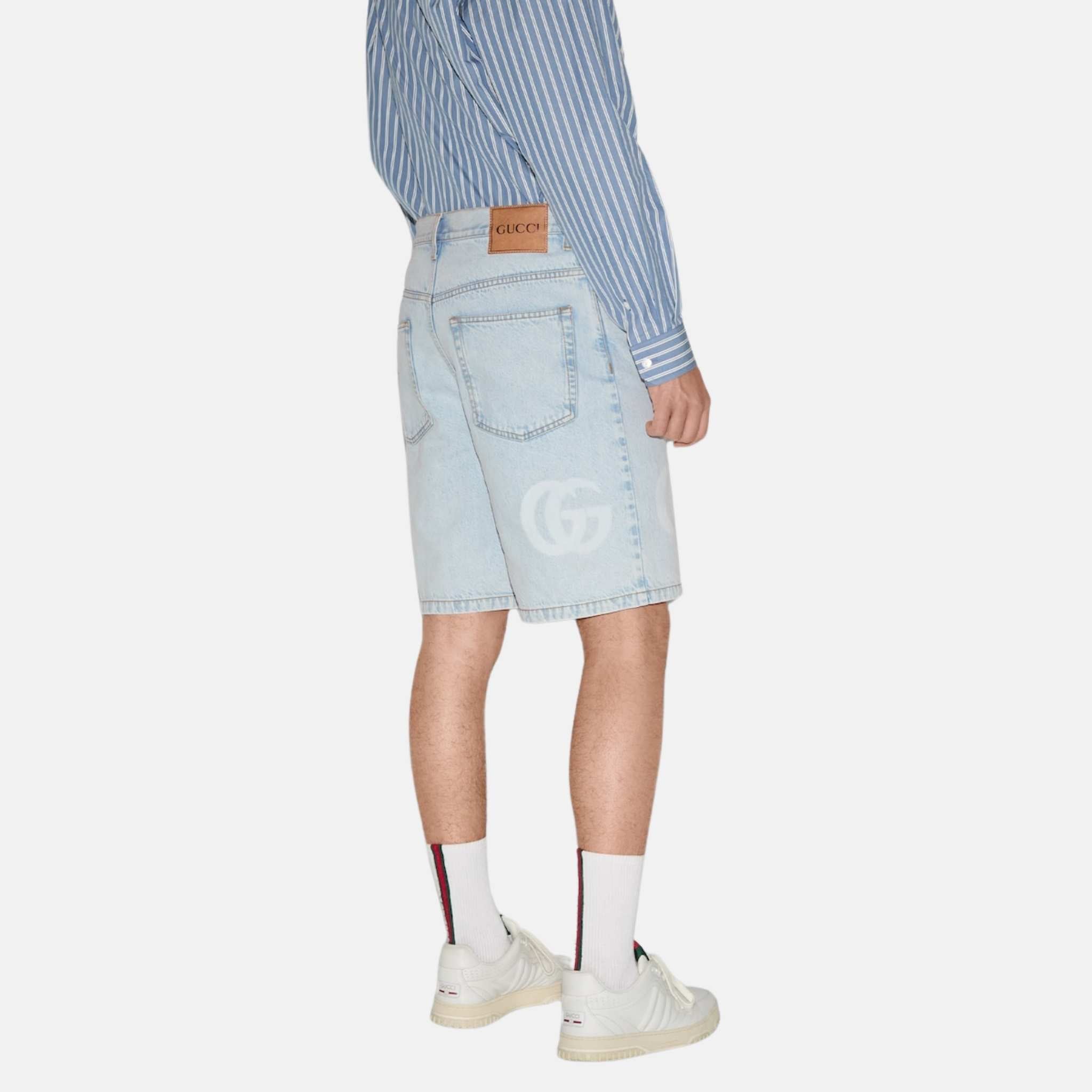 Lasered Denim Shorts With Double G Logo