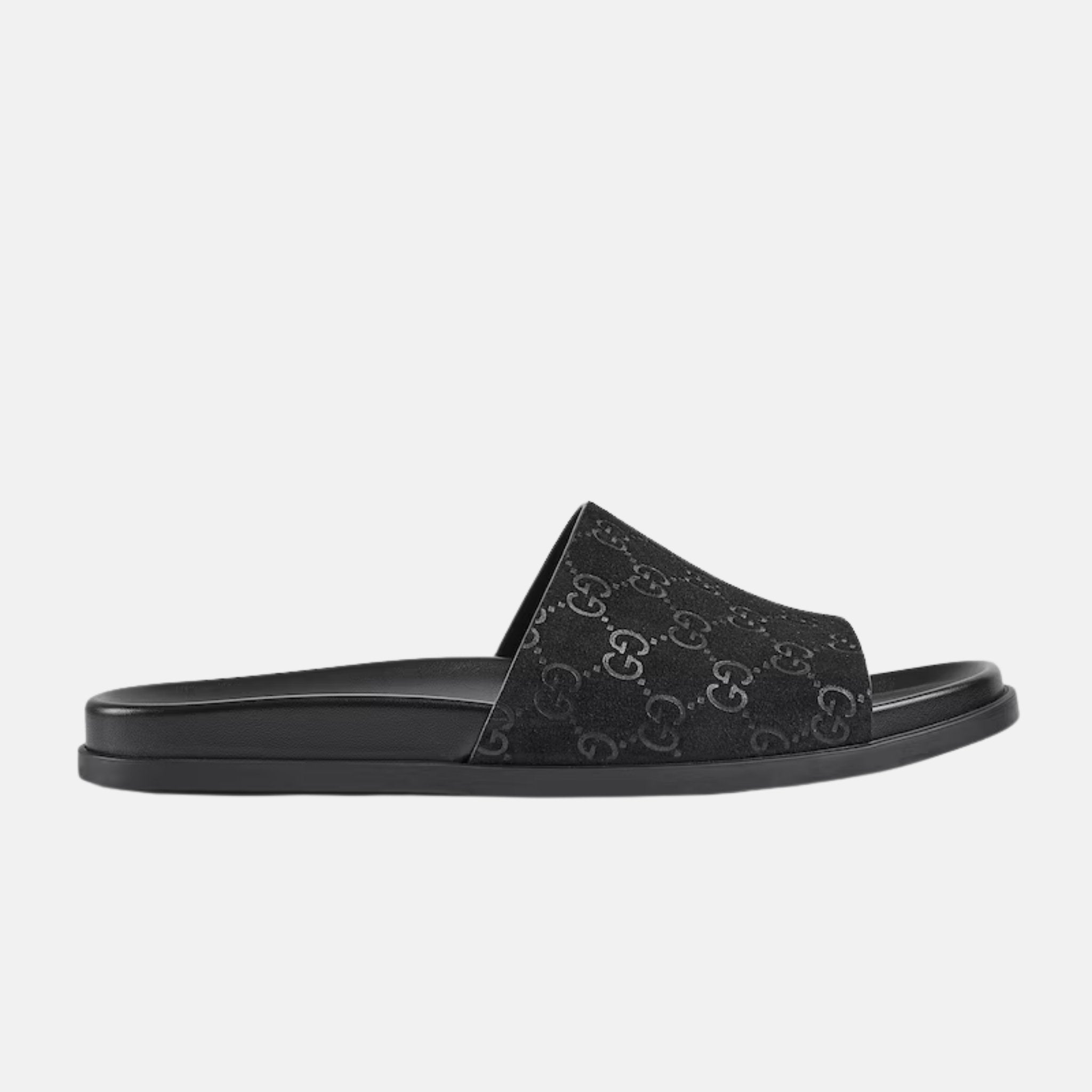 Gucci Mens Slide Sandal In GG Suede, Black, Side