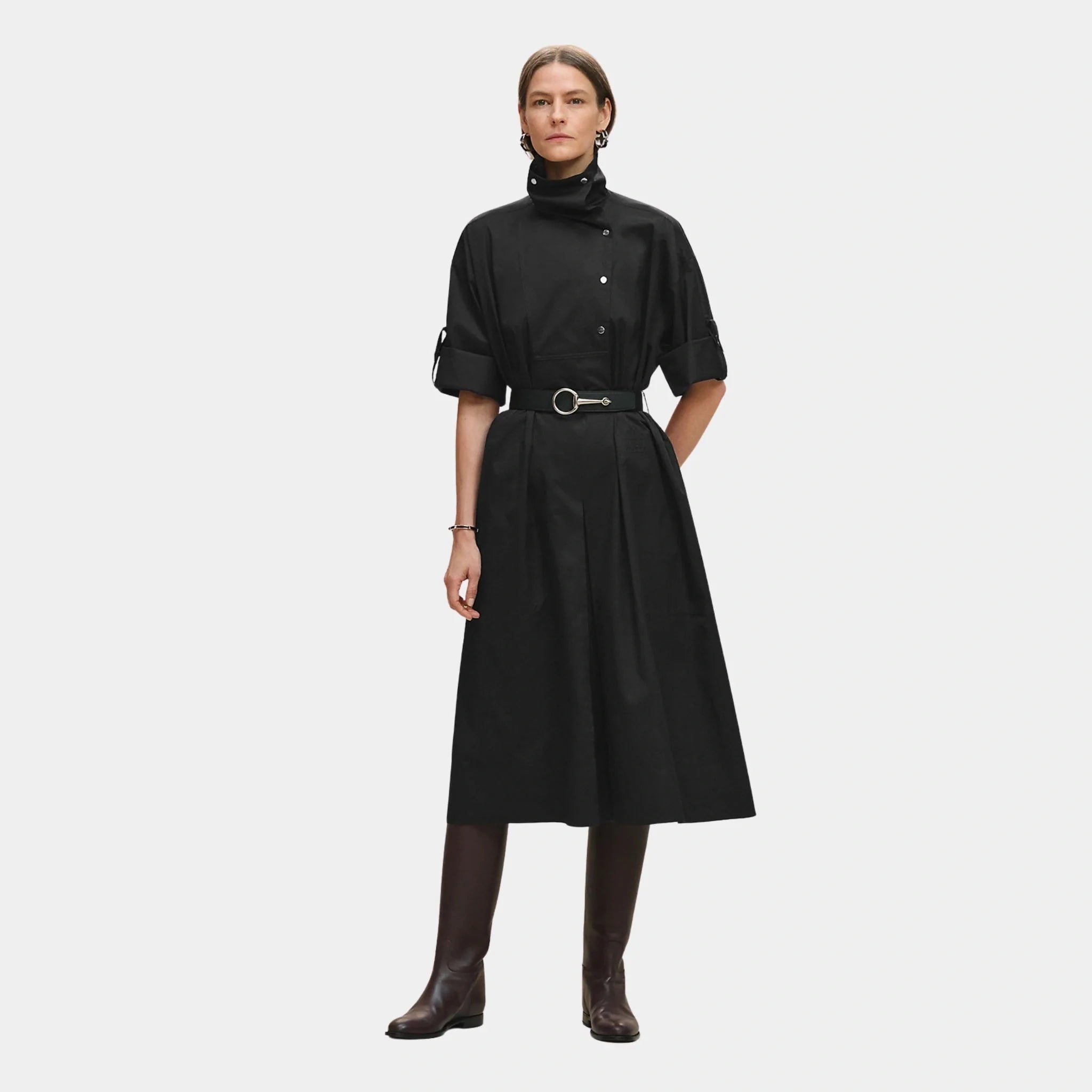 Hermes Belted Wide Dress in Cotton Twill, Noir, Front