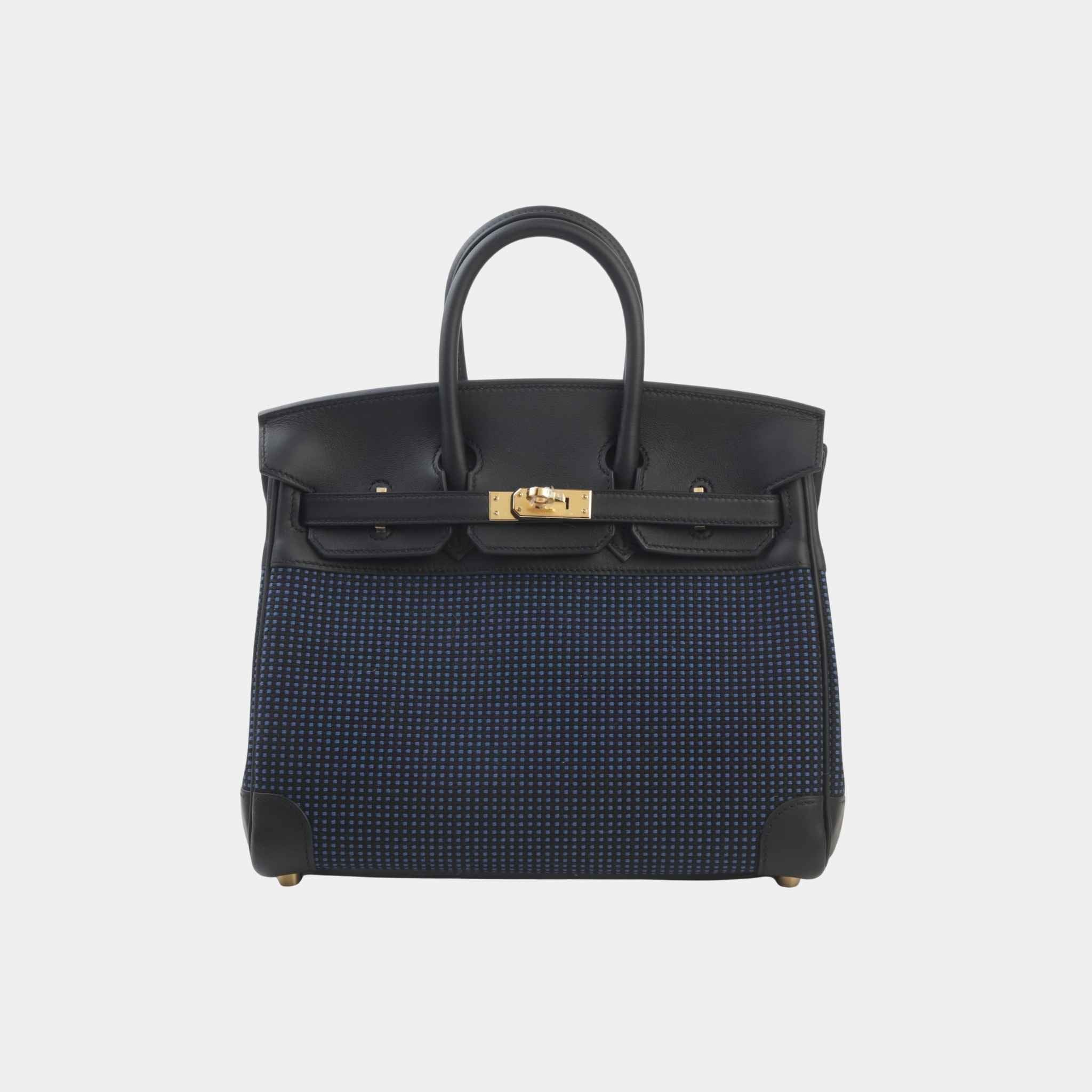 Birkin 25 Swift-Toile Quadrille Canvas Black/Bleu Egee GHW