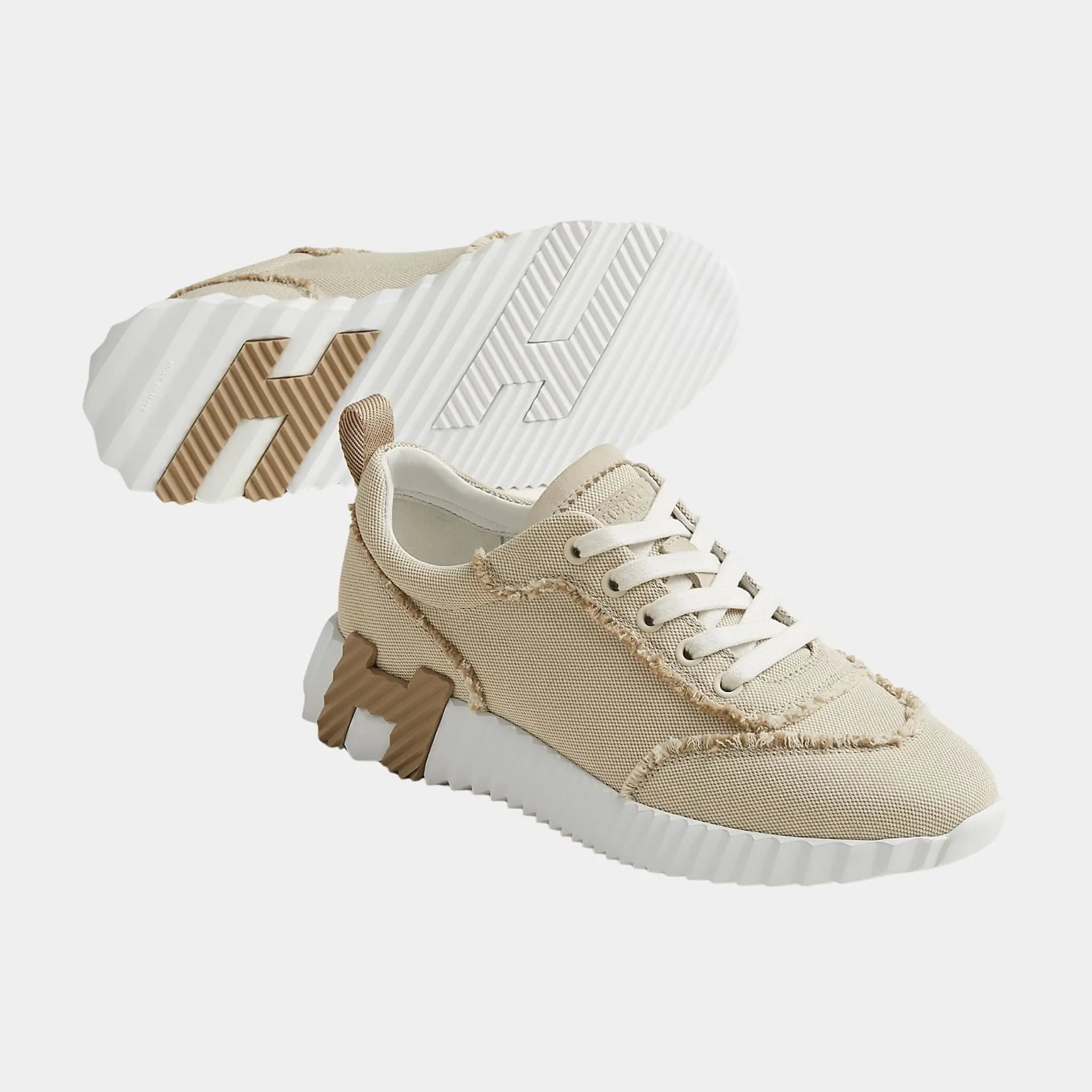 Hermes Bouncing Sneaker Fringed Canvas & Suede Women, Beige Glaise, Front
