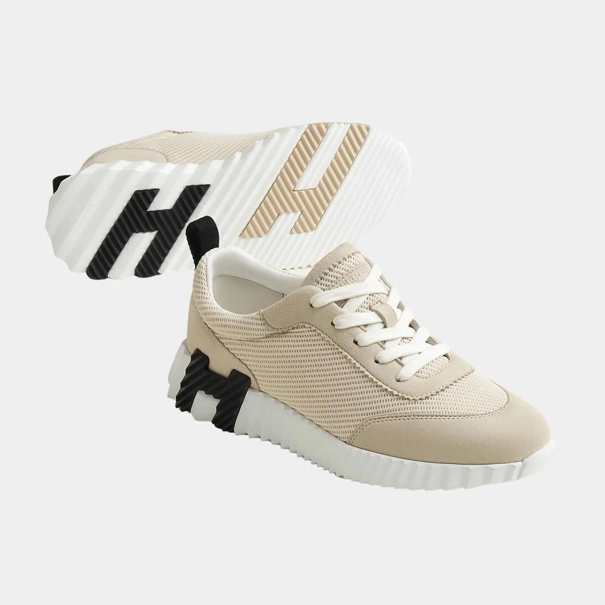 Hermes Bouncing Sneakers in Textured Mesh & Suede Goatskin, Beige Glaise, Front