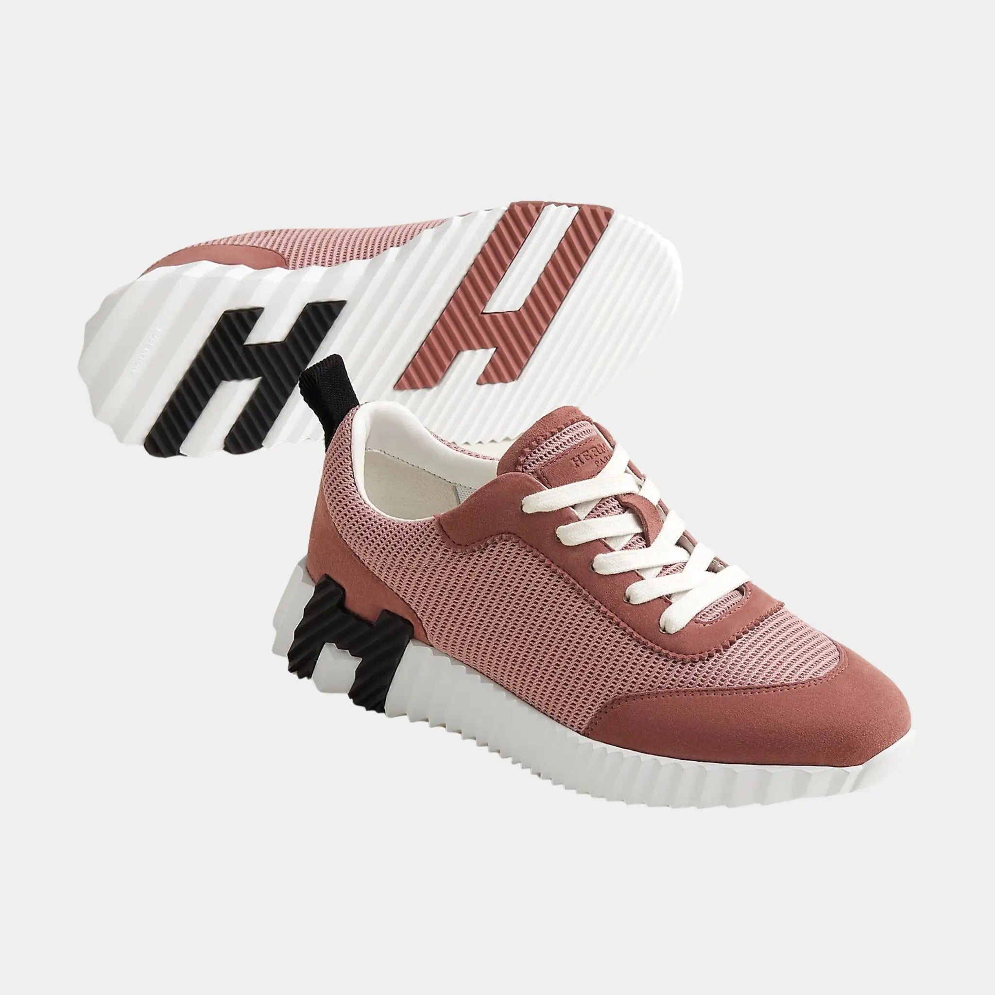 Hermes Bouncing Sneakers in Textured Mesh & Suede Goatskin, Rose Antique, Front