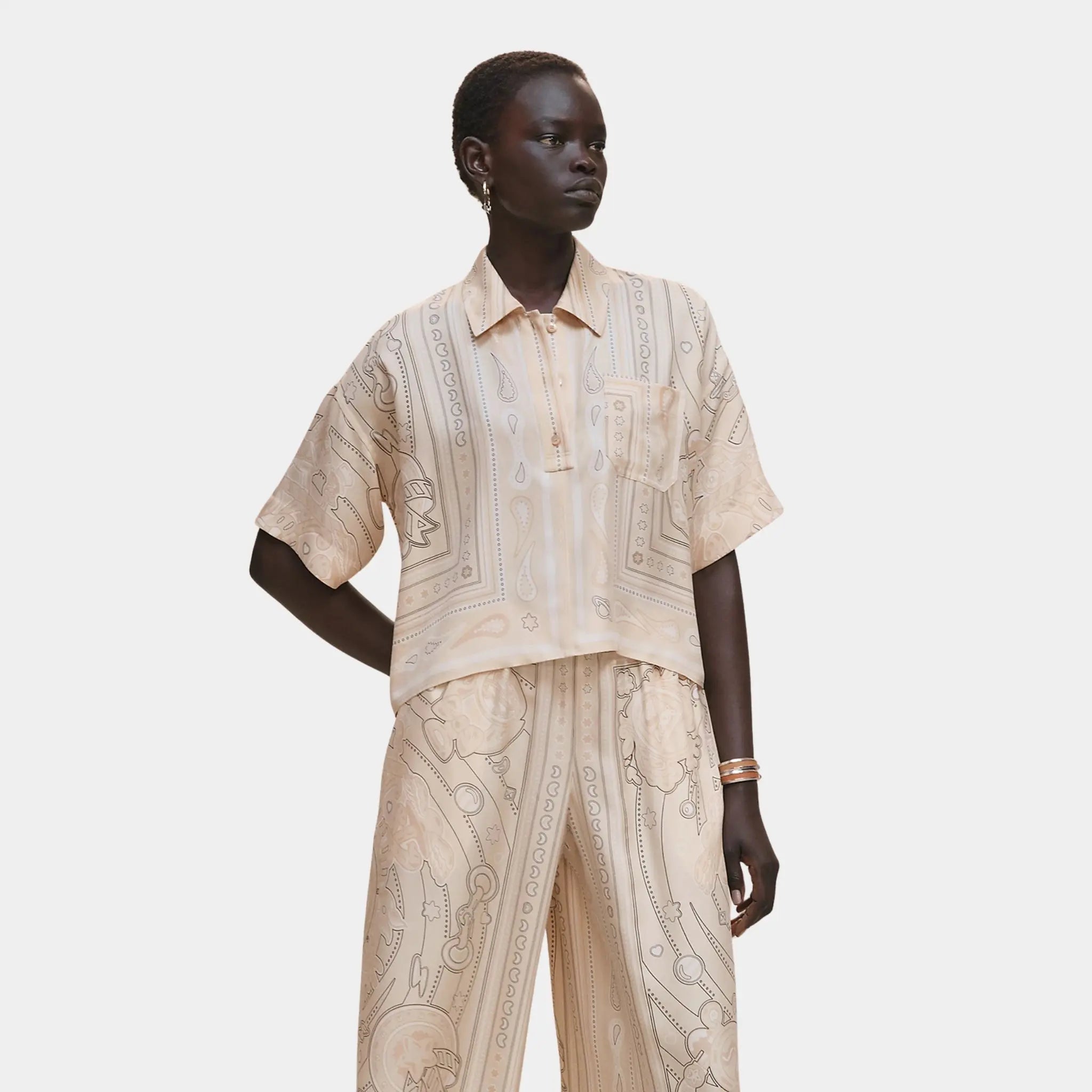 Hermes Candy Libris Bandana Printed Blouse, Blanc Perle, Front