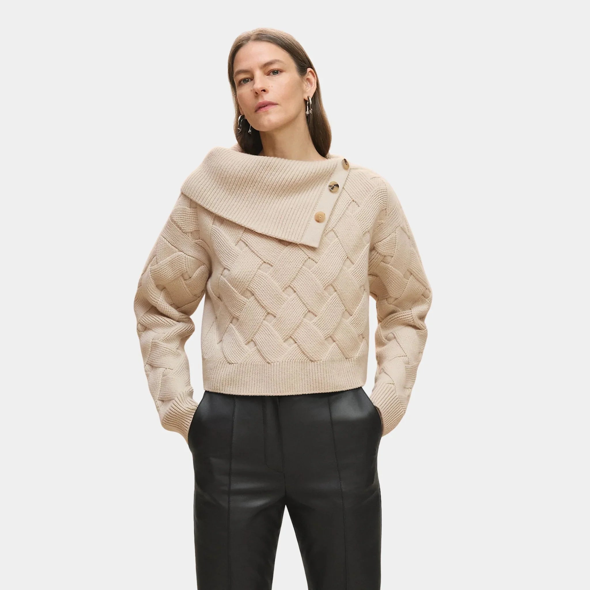 Cashmere Long-sleeve Sweater with Braiding Motif