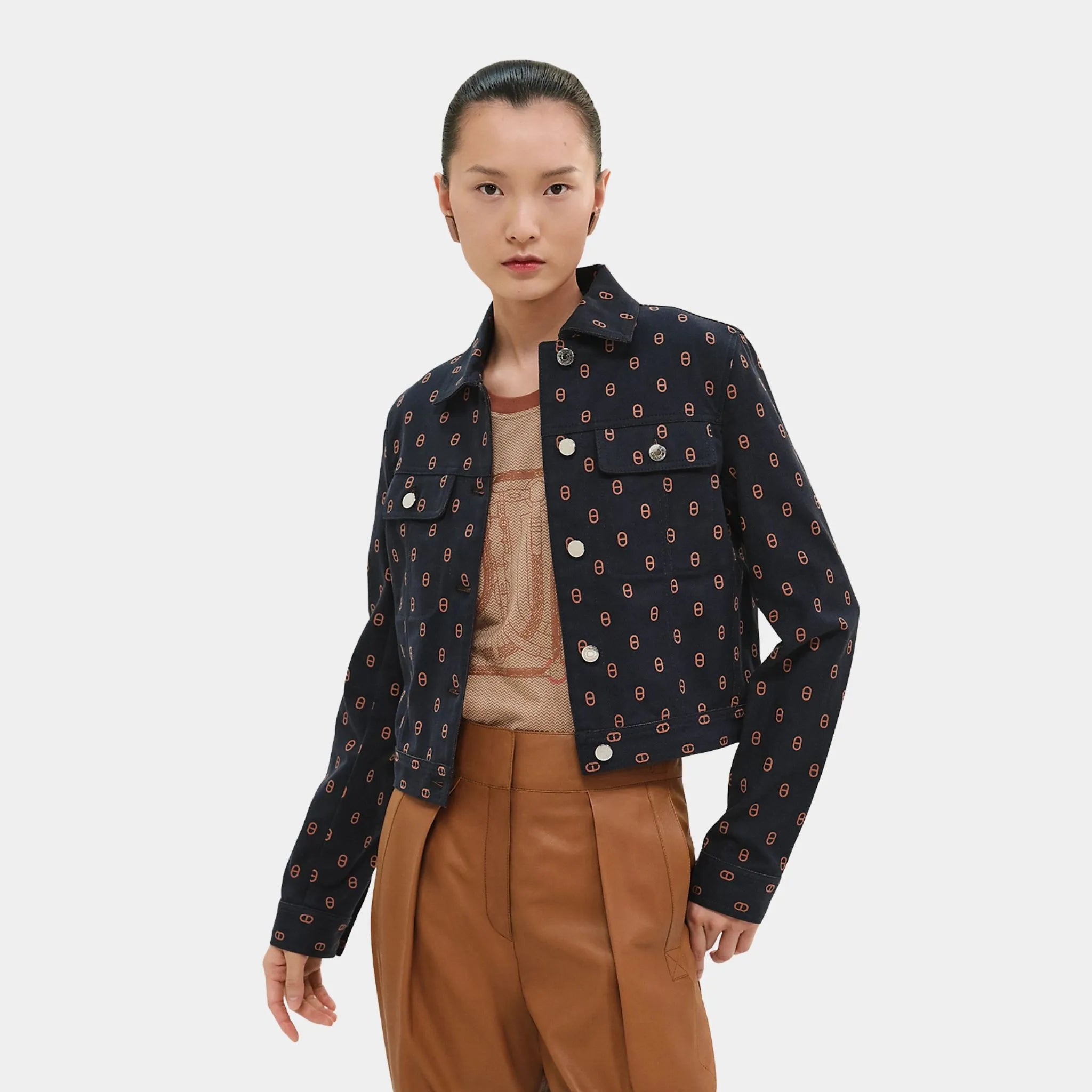 Hermes Chaine d'Ancre Printed Denim Jacket, Bleu Gabier, Front