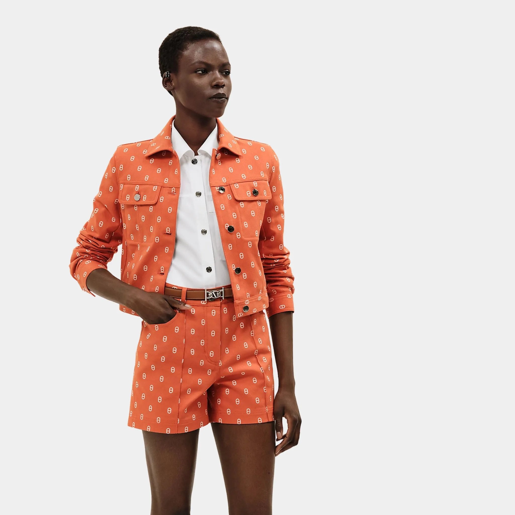 Hermes Chaine d'Ancre Printed Denim Jacket, Orange Corail, Front