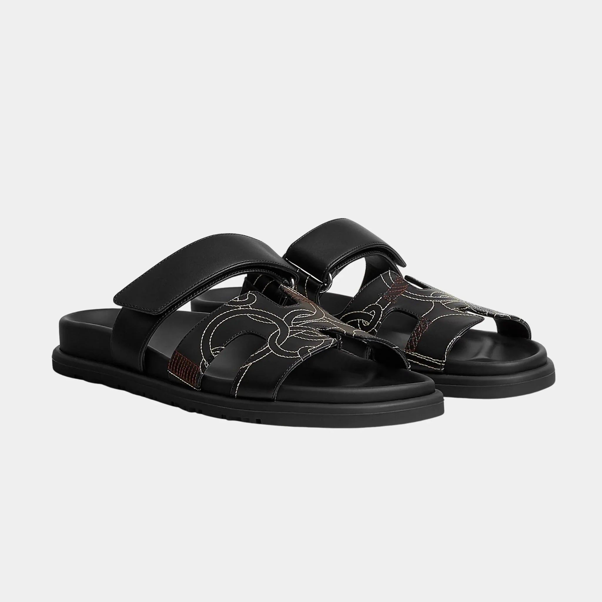 Hermes Chypre Sandal in Panoplie Equestre Embroidered Calfskin, Noir, Front