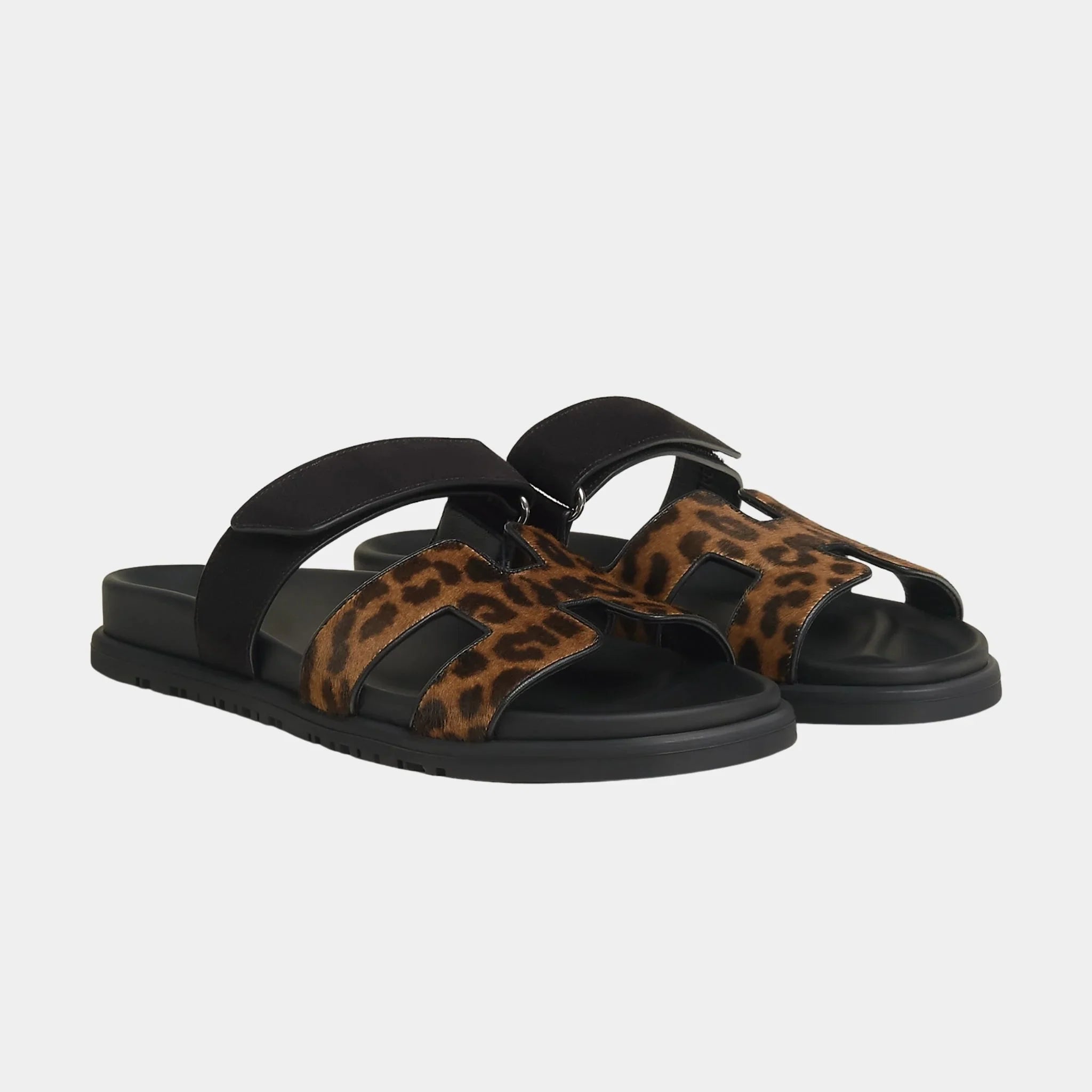 Hermes Chypre Sandals in Moire Calfskin and Suede Goatskin, Gold, Noir, Front