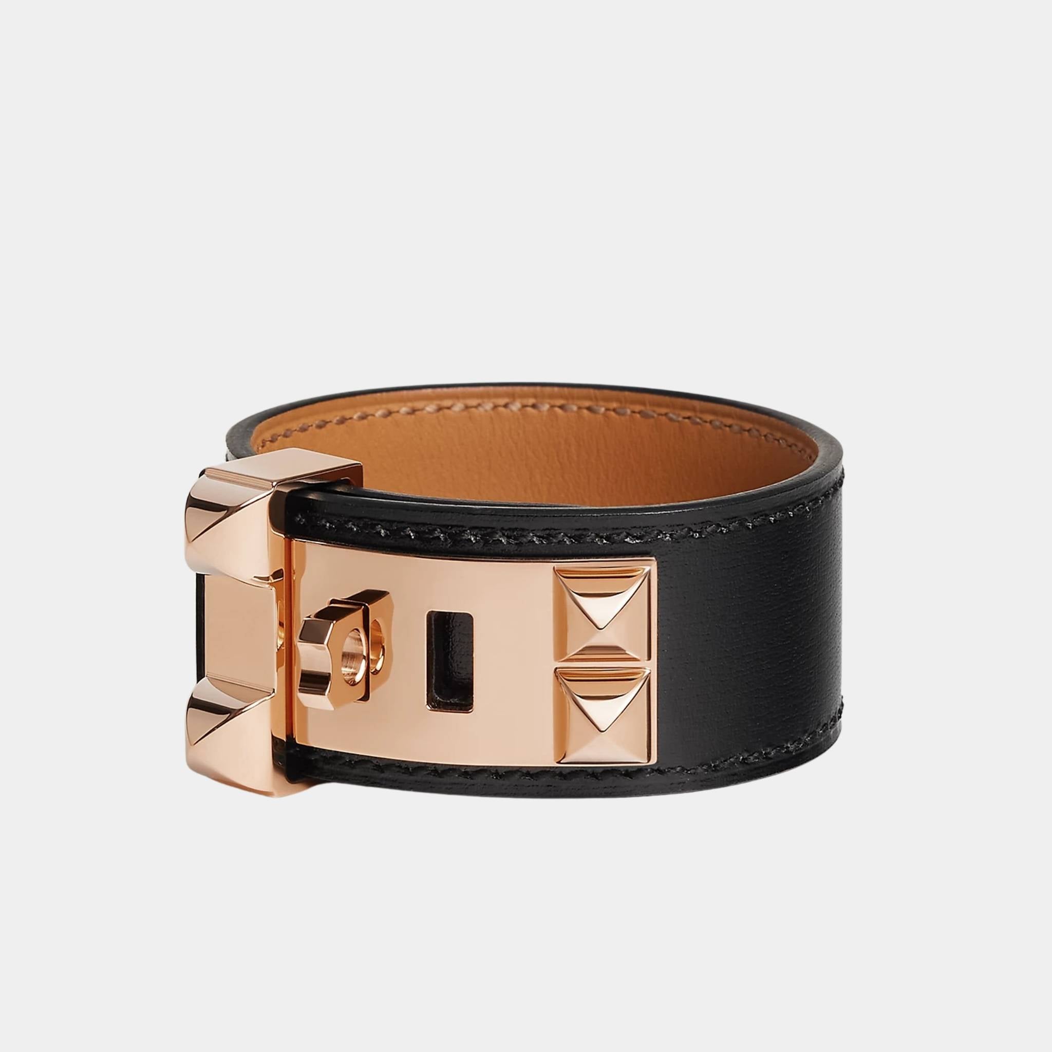 Hermes Collier de Chien 24 Bracelet Box Calfskin Rose Gold Plated, Noir