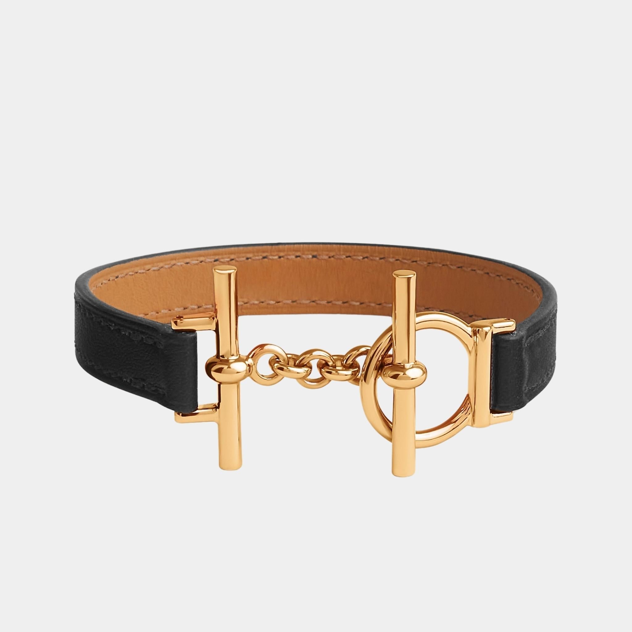 Hermes Croisiere Simple Tour Bracelet Swift Calfskin Gold Plated, Noir