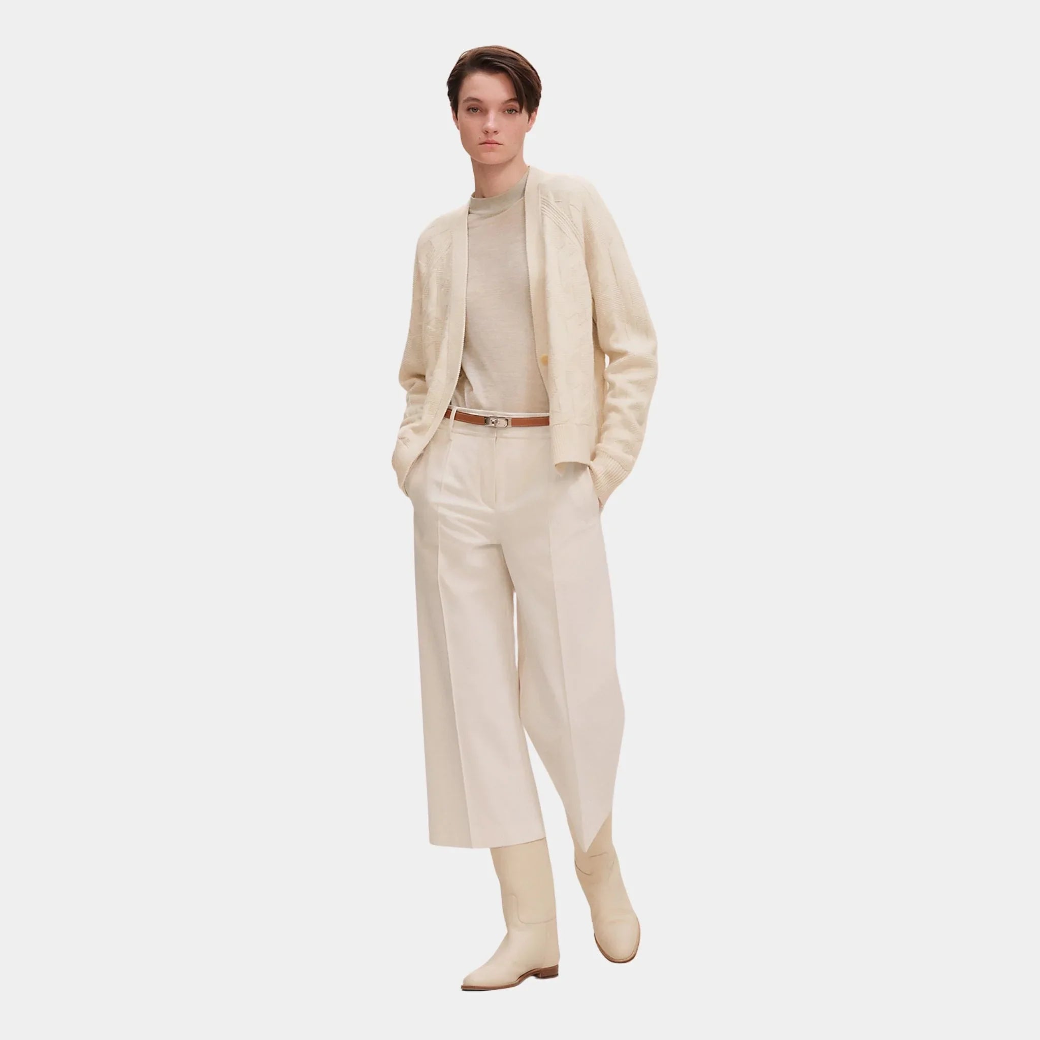 Hermes Cropped Pants in Double Stretch Cotton Twill, Blanc Naturel, Front