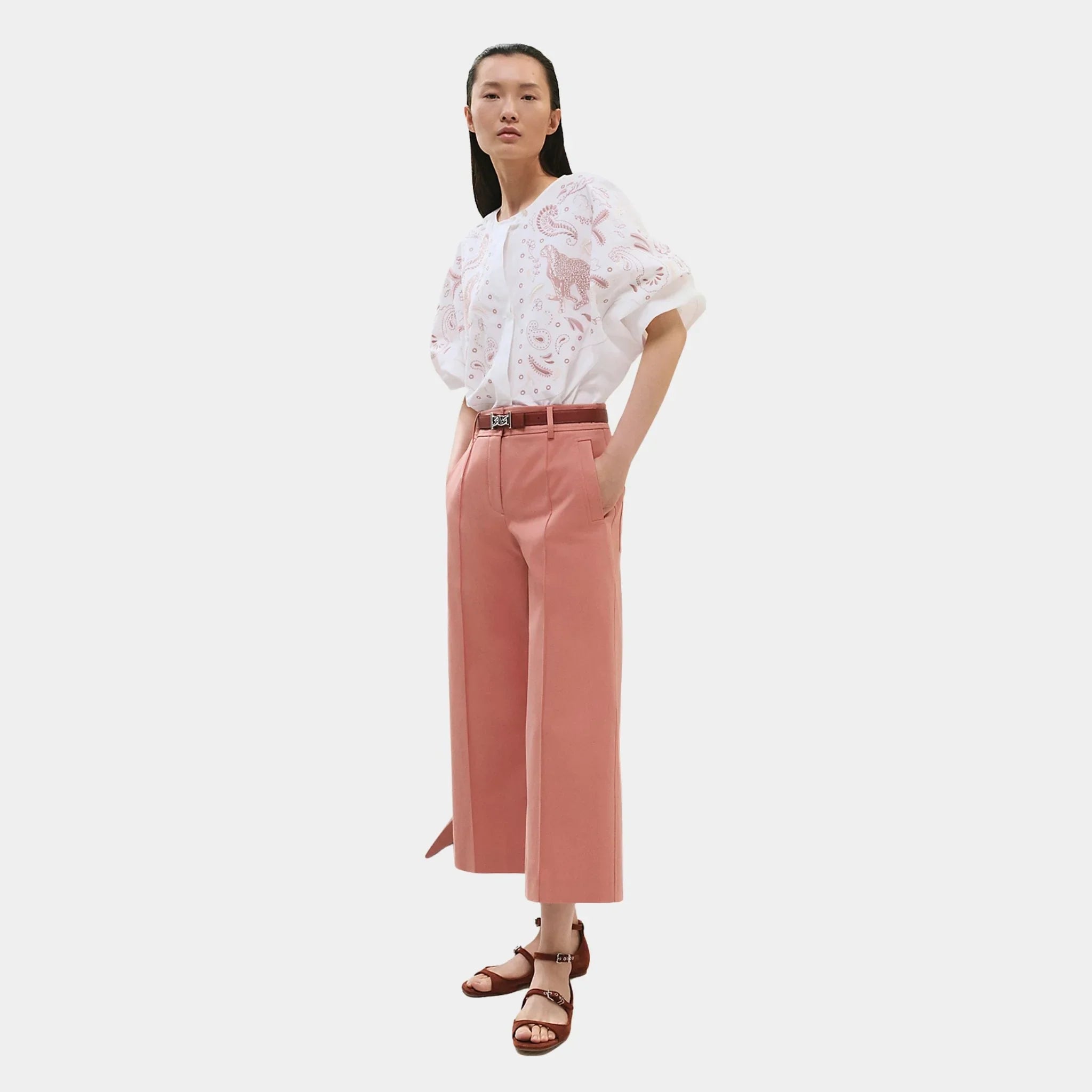 Hermes Cropped Pants in Double Stretch Cotton Twill, Rose Bubinga, Front