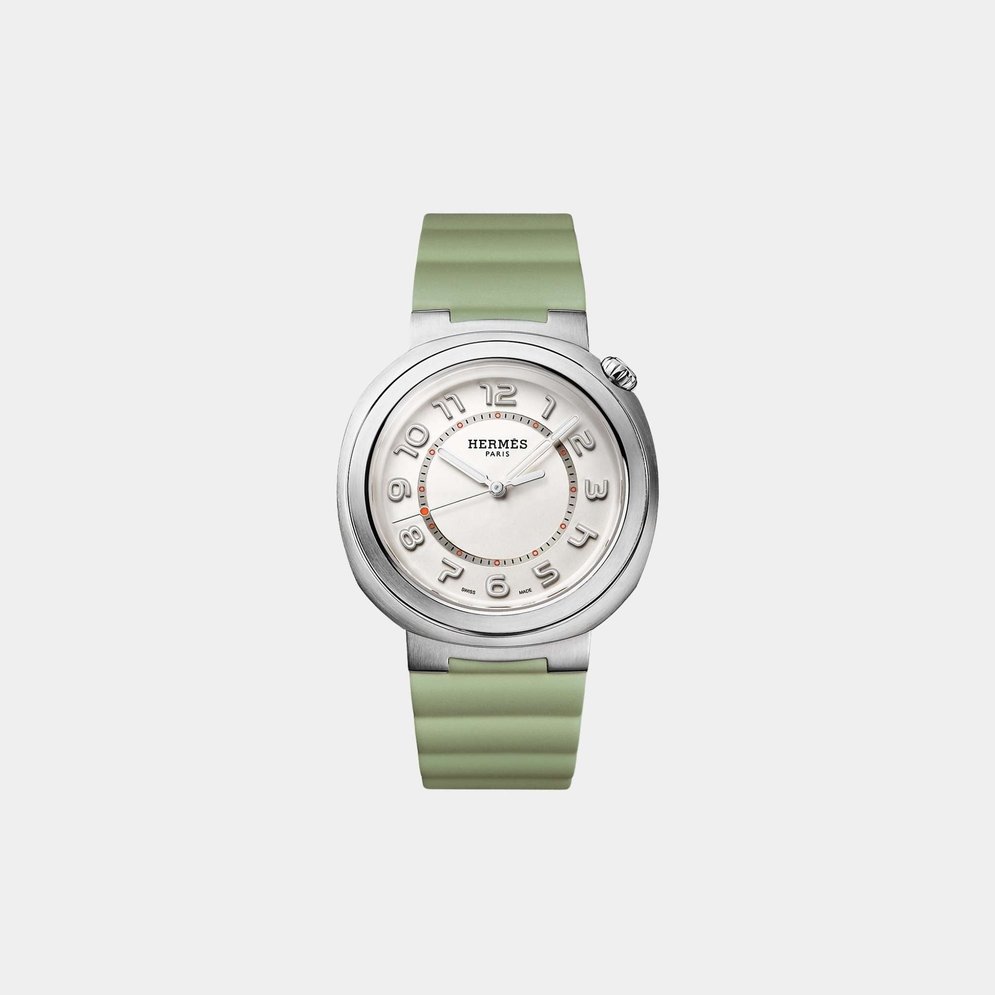 Cut 36 mm Steel Watch With Cricket Green Rubber Strap