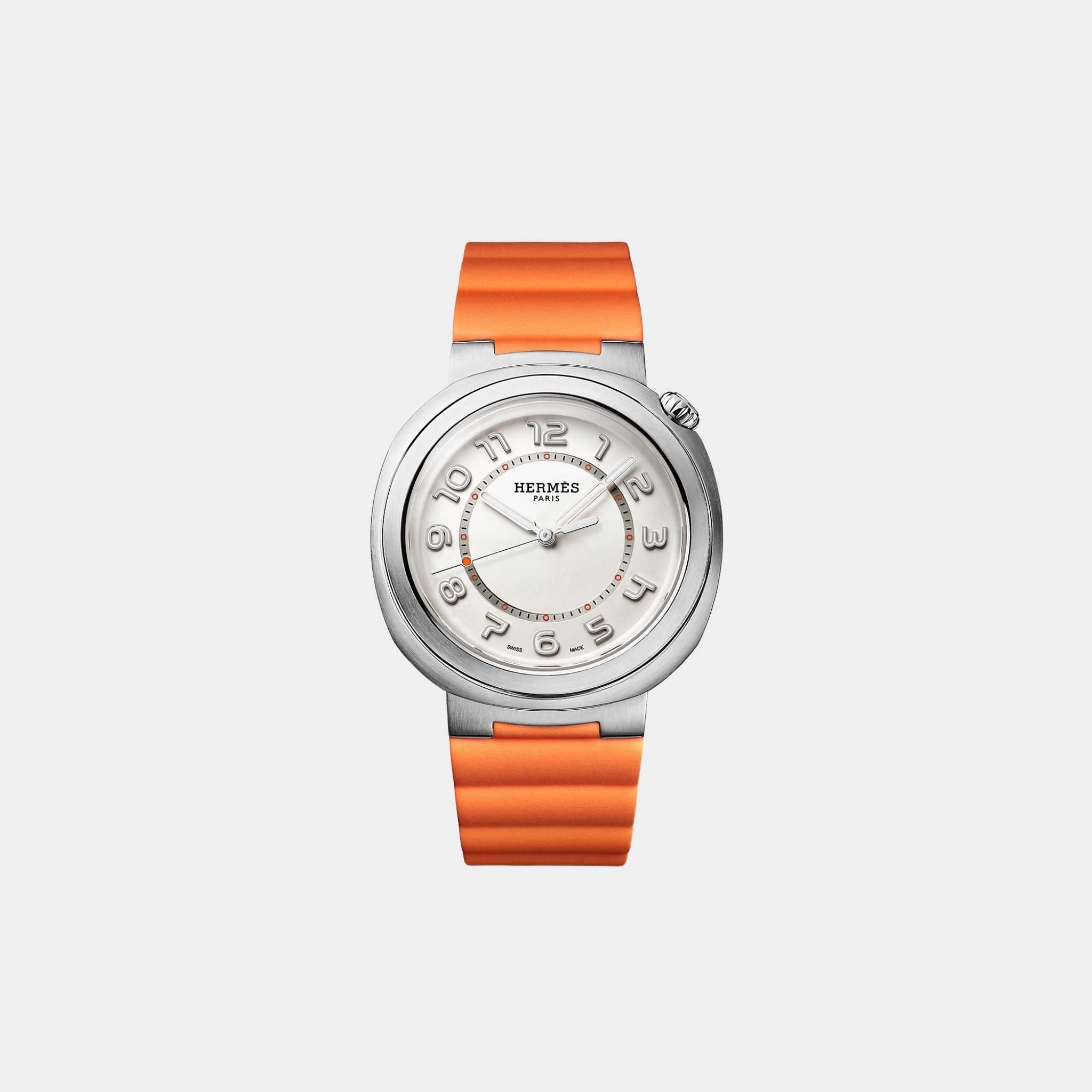 Cut 36 mm Steel Watch With Orange Rubber Strap