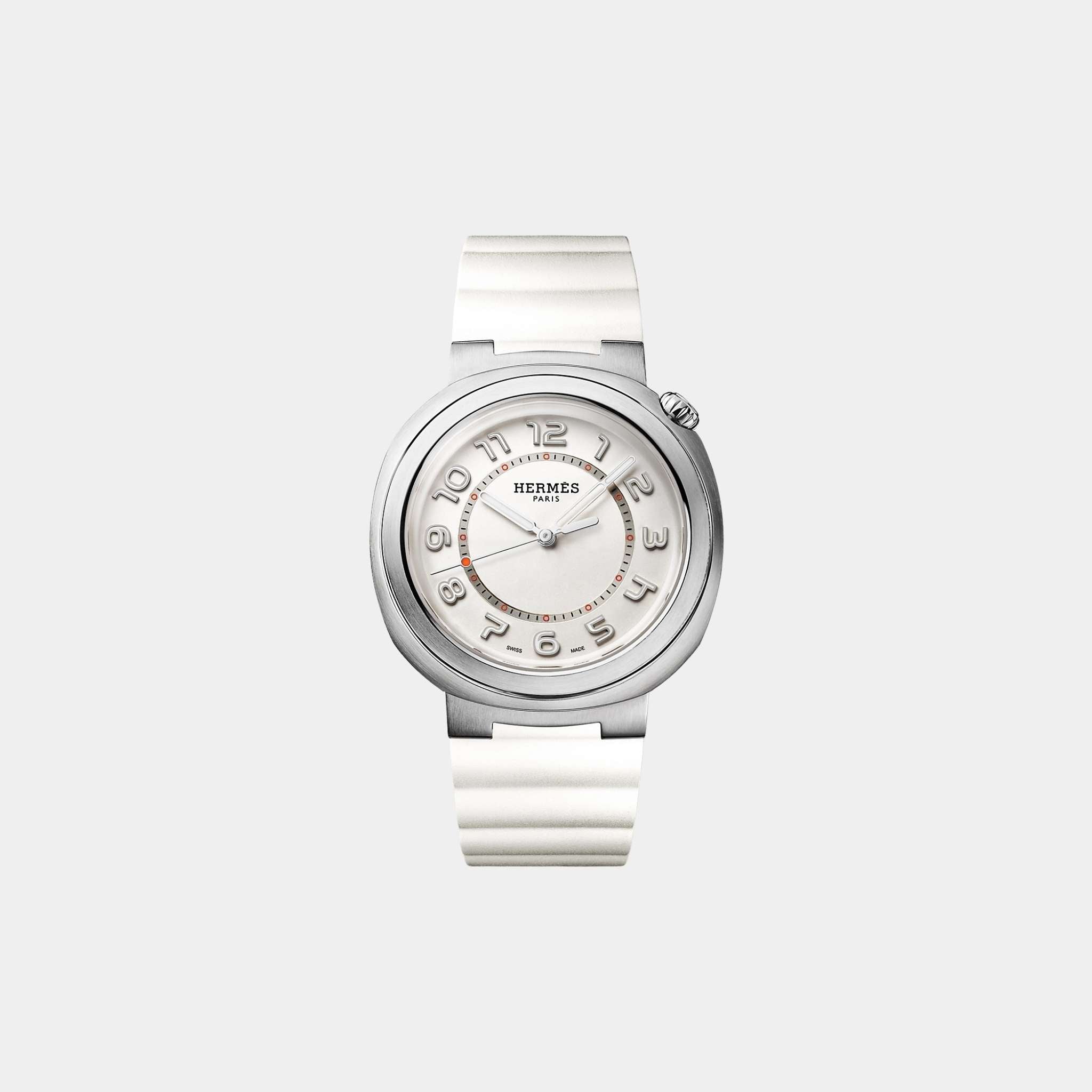 Cut 36 mm Steel Watch With White Rubber Strap