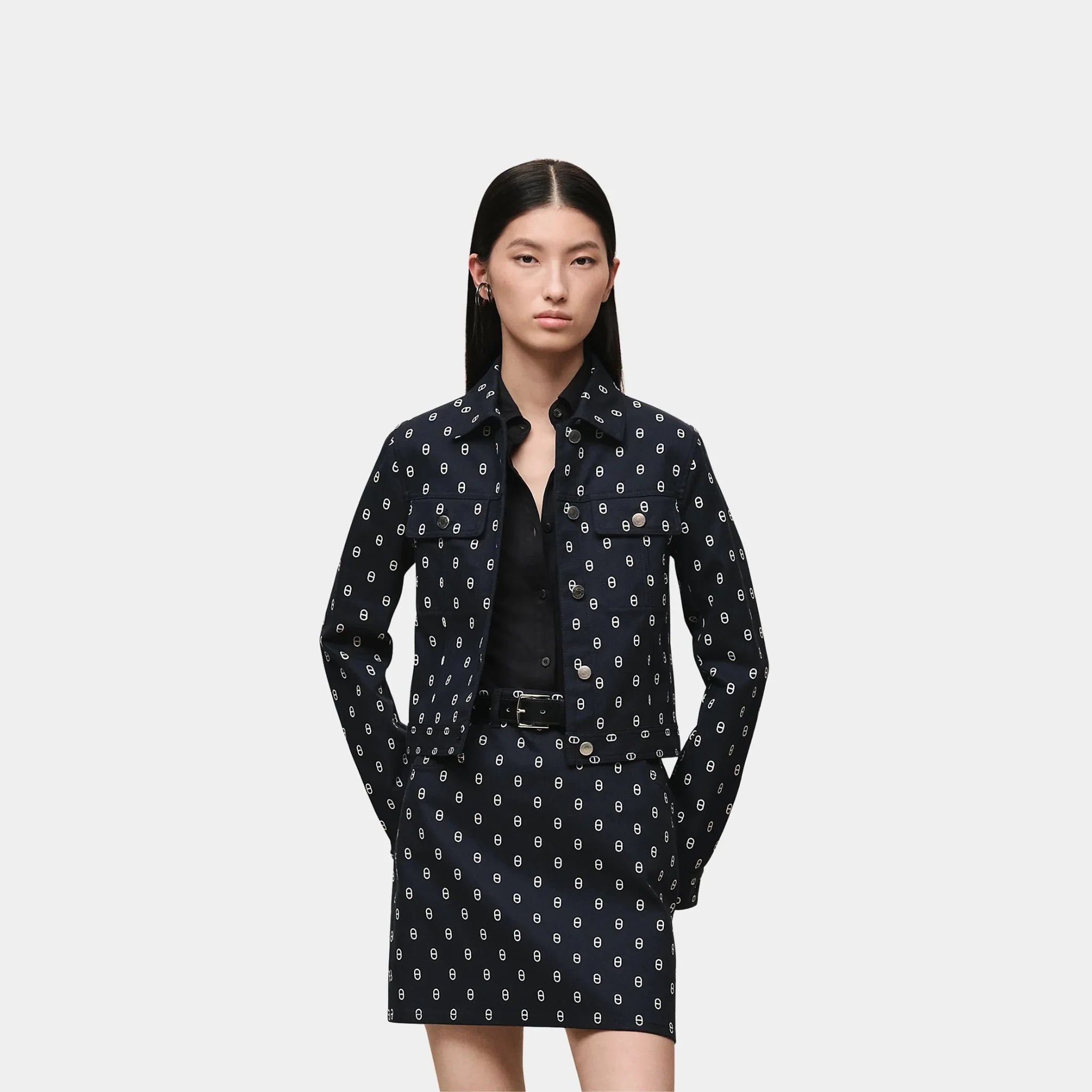 Hermes Denim-inspired Jacket with Anchor Chain Print, Bleu Marine, Front